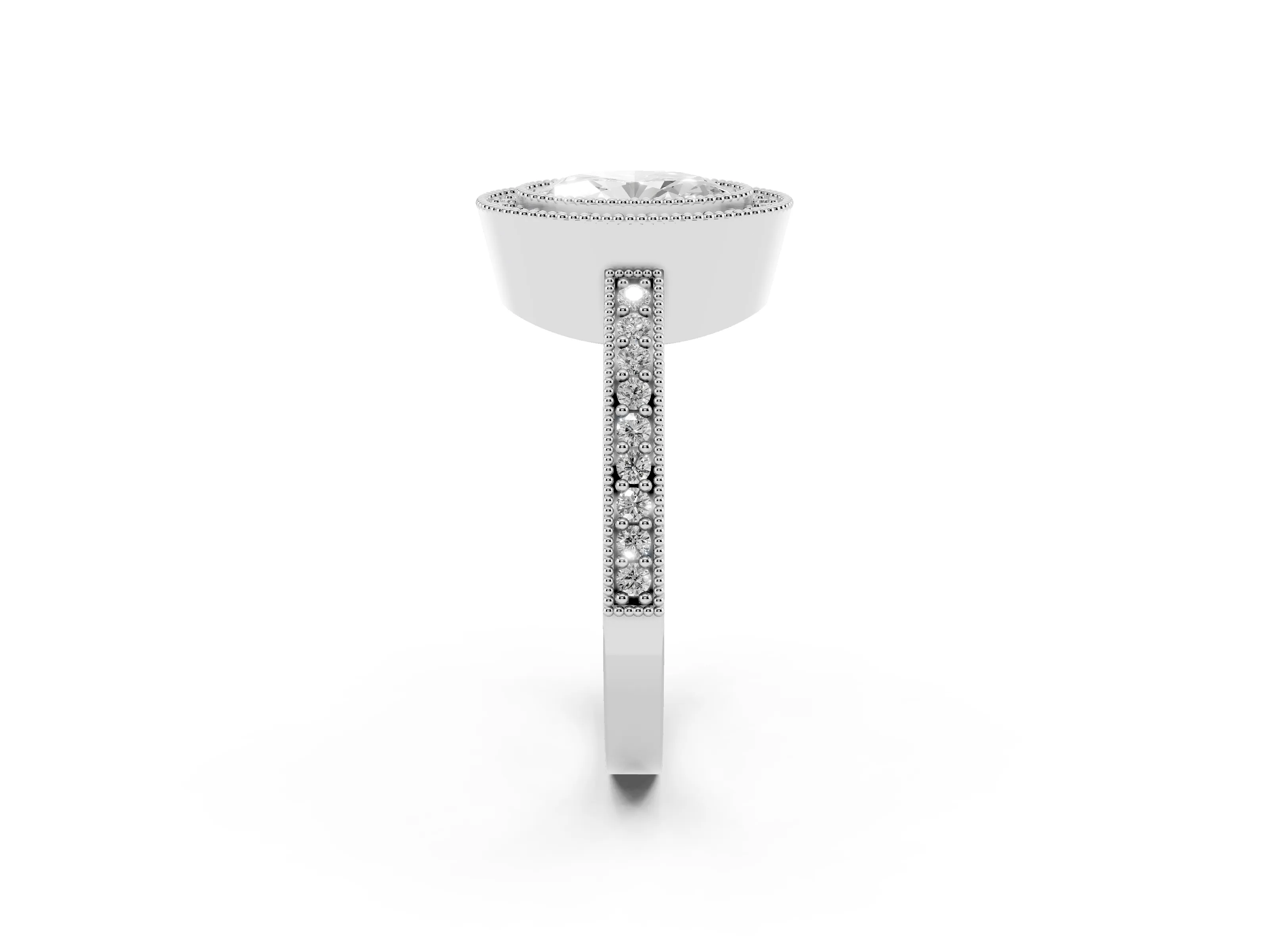 Oval Cut Diamond Halo Engagement Ring Set in Silver with Pavé Band and Round Halo Stones