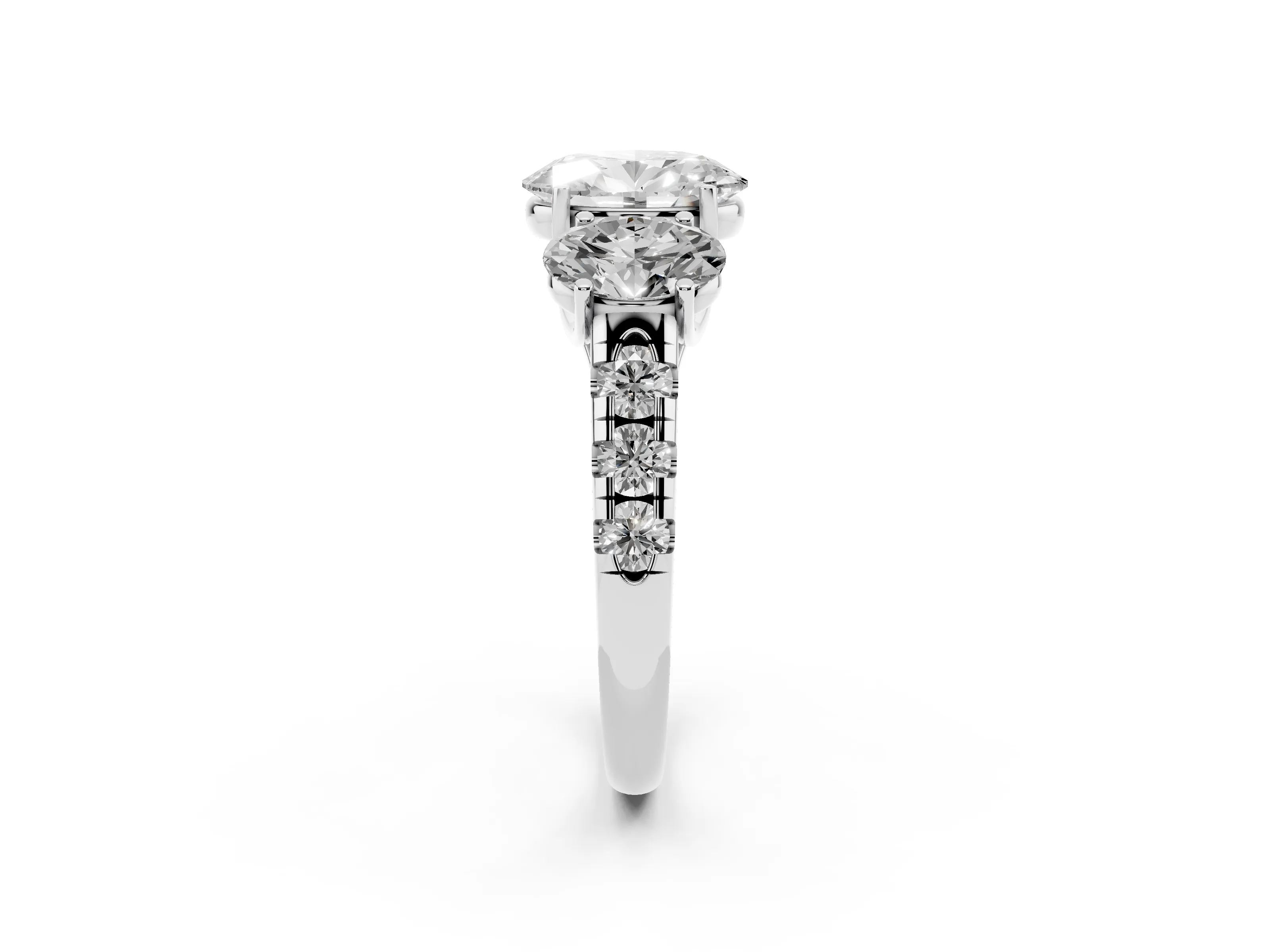 Oval Cut Diamond Three-Stone Ring Set in Silver with Pavé Band