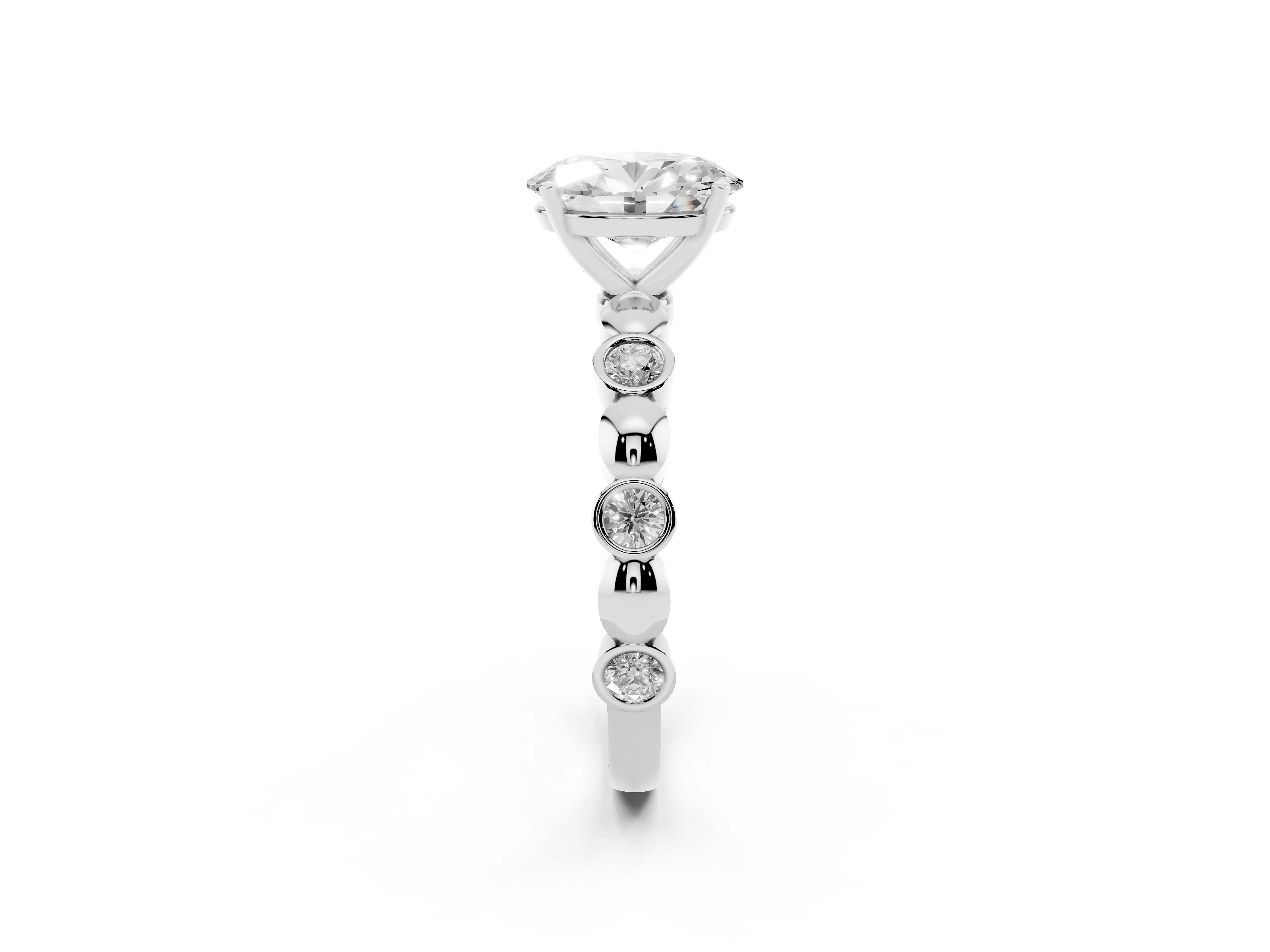 Oval Cut Diamond Solitaire Ring Set in White gold with Bezel-Set Accents on Beaded Band and Prong Setting