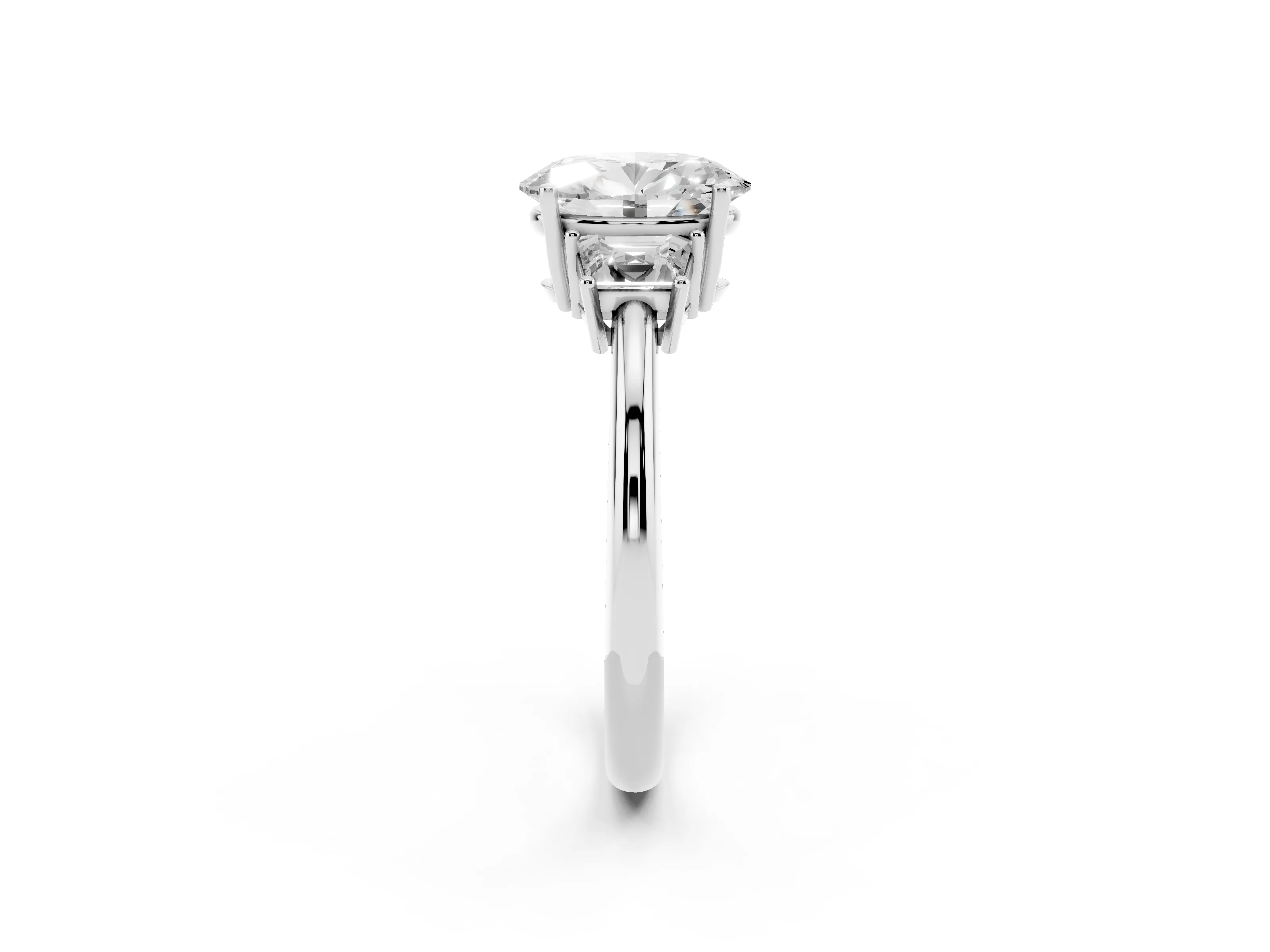 Oval Cut Diamond Three-Stone Ring Set in White gold with Trapezoid Side Stones and Prong Setting