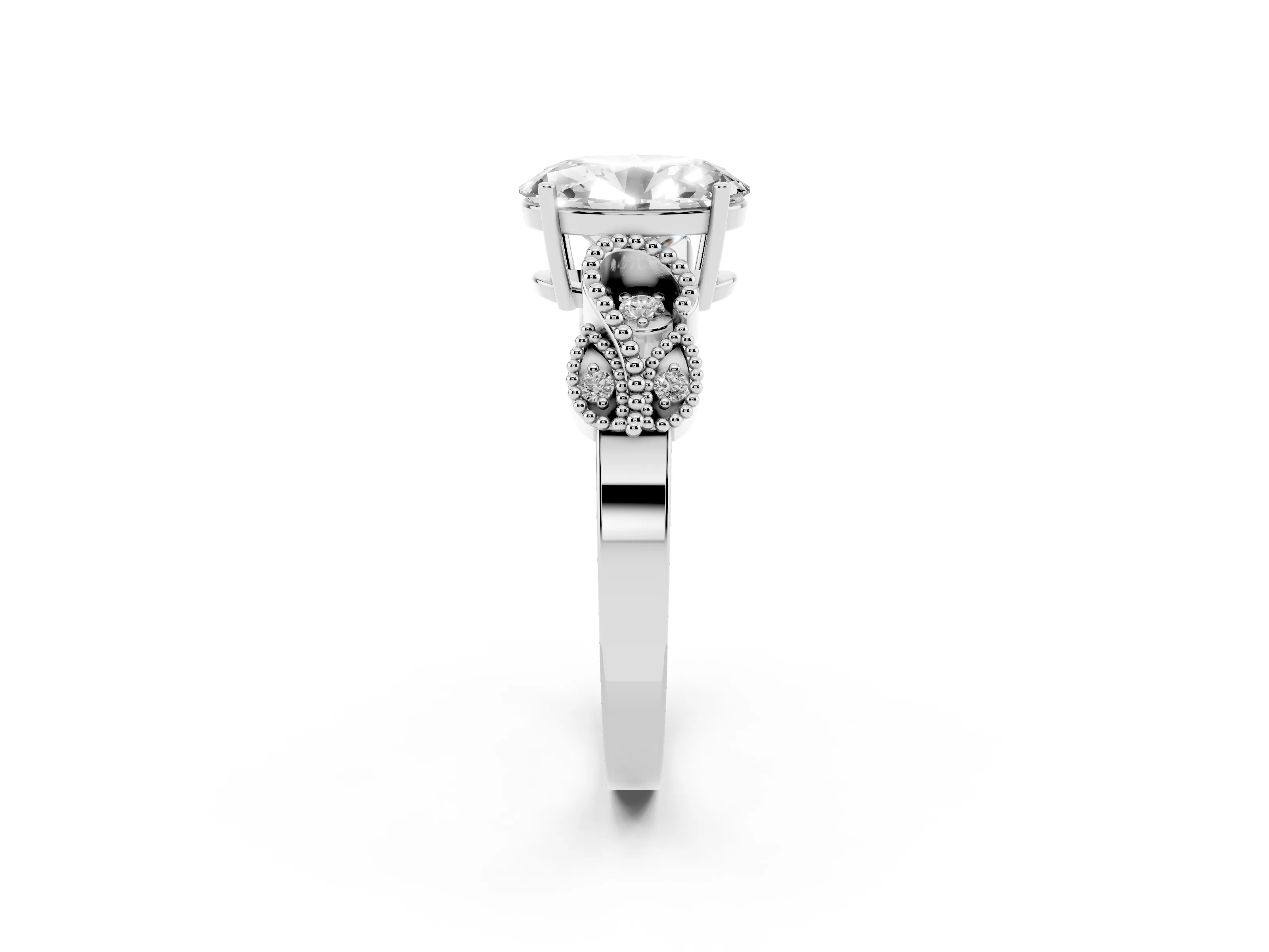 Oval Cut Diamond Milgrain Leaf Band Solitaire Ring Set in Platinum with Accent Stones and Prong Setting