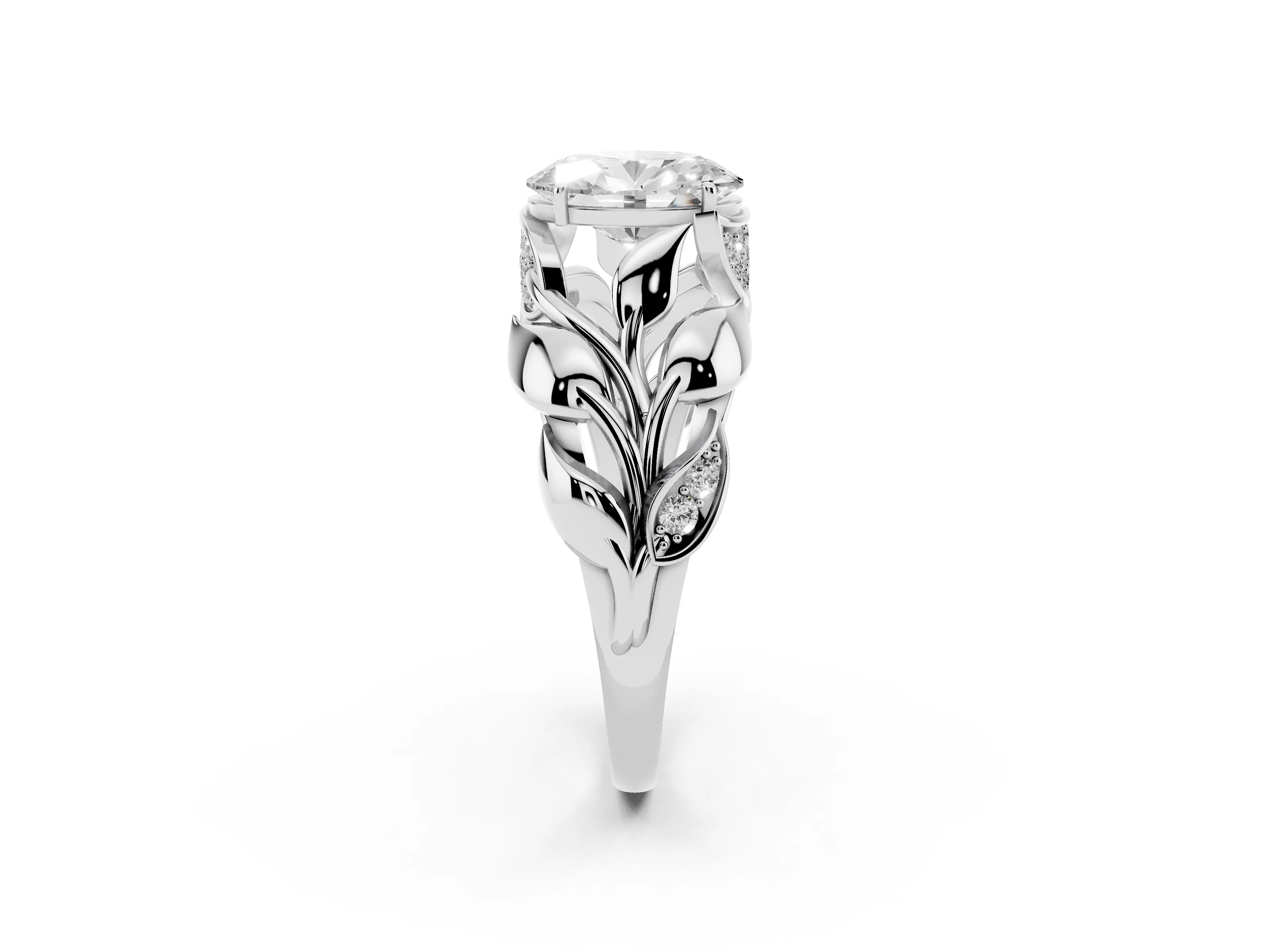 Oval Cut Diamond Leaf-Inspired Engagement Ring Set in White gold with Round Accents