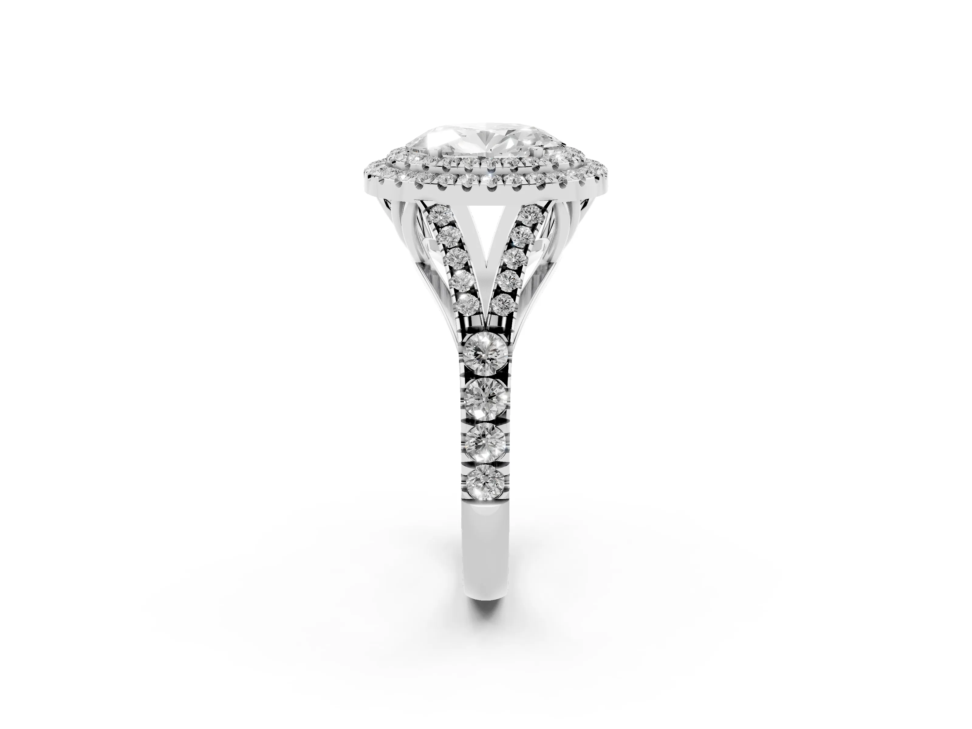 Oval Cut Diamond Pavé Split Shank Double Halo Engagement Ring Set in Silver