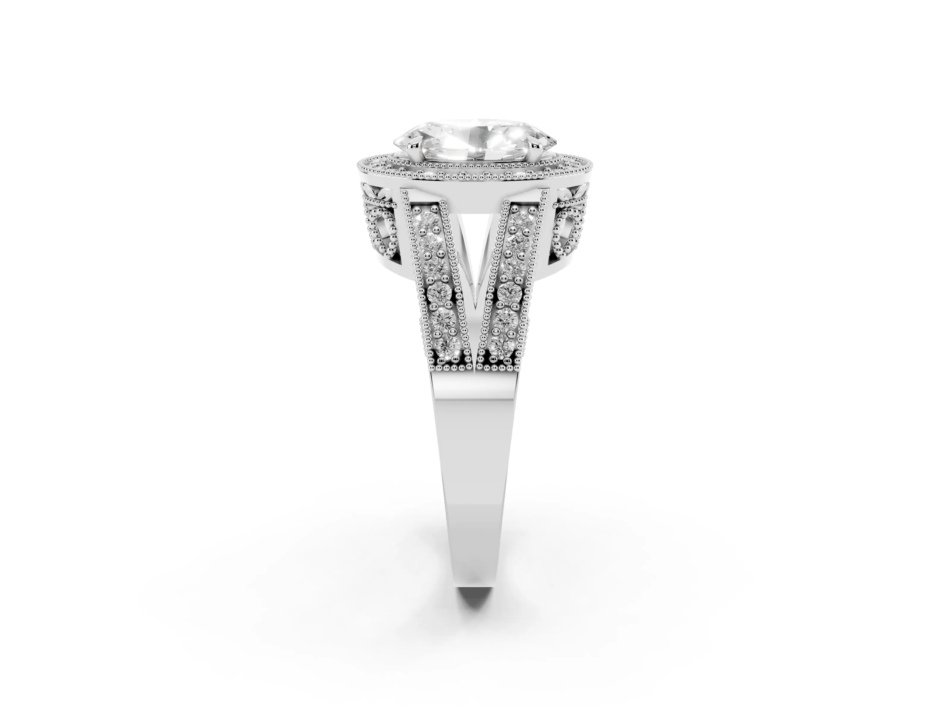 Oval Cut Diamond Halo Ring Set in Platinum with Stone-Set Split Shank and Milgrain Edges