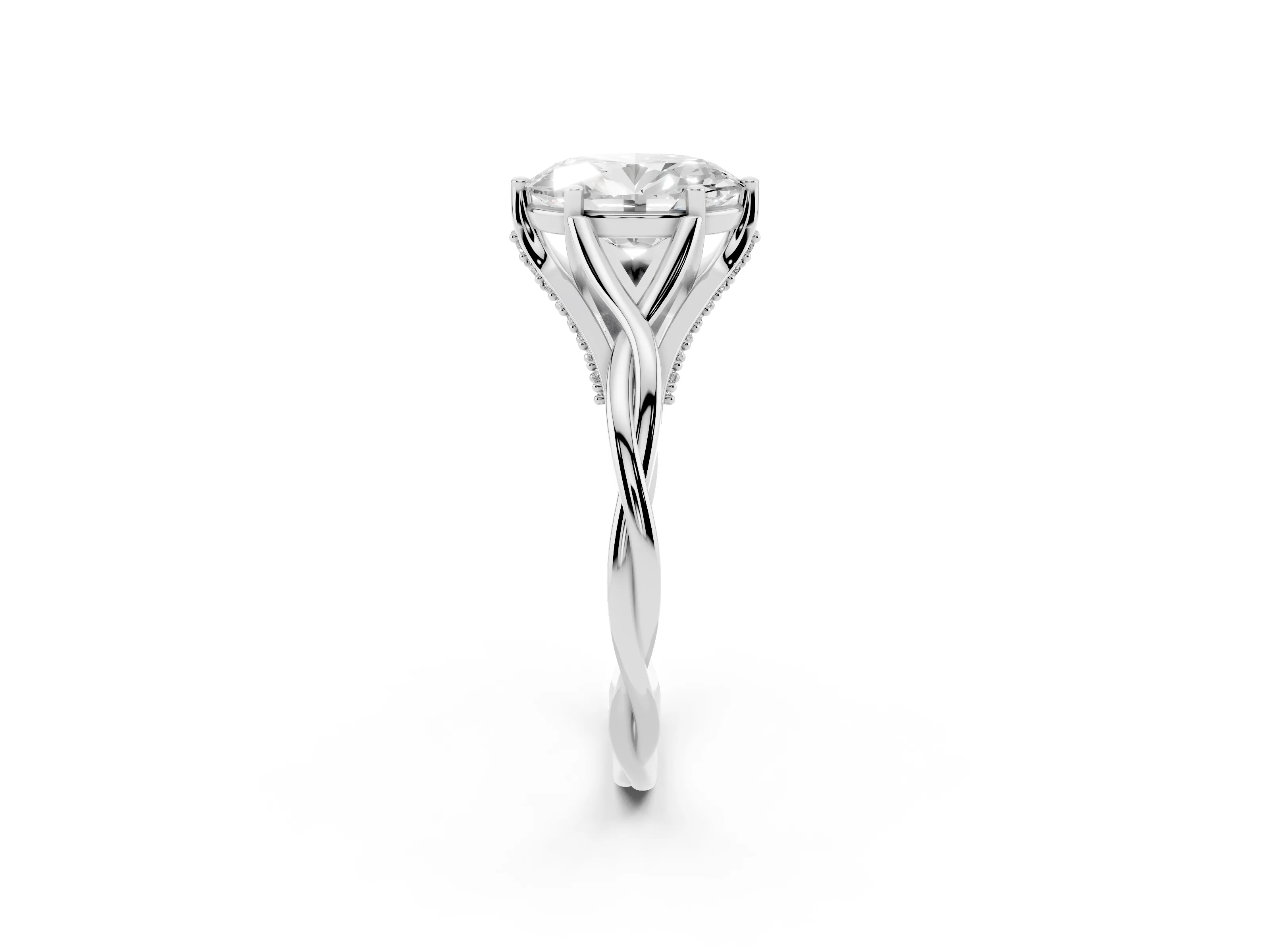 Oval Cut Diamond Intertwined Twist Band Solitaire Ring Set in White gold with Prong Setting