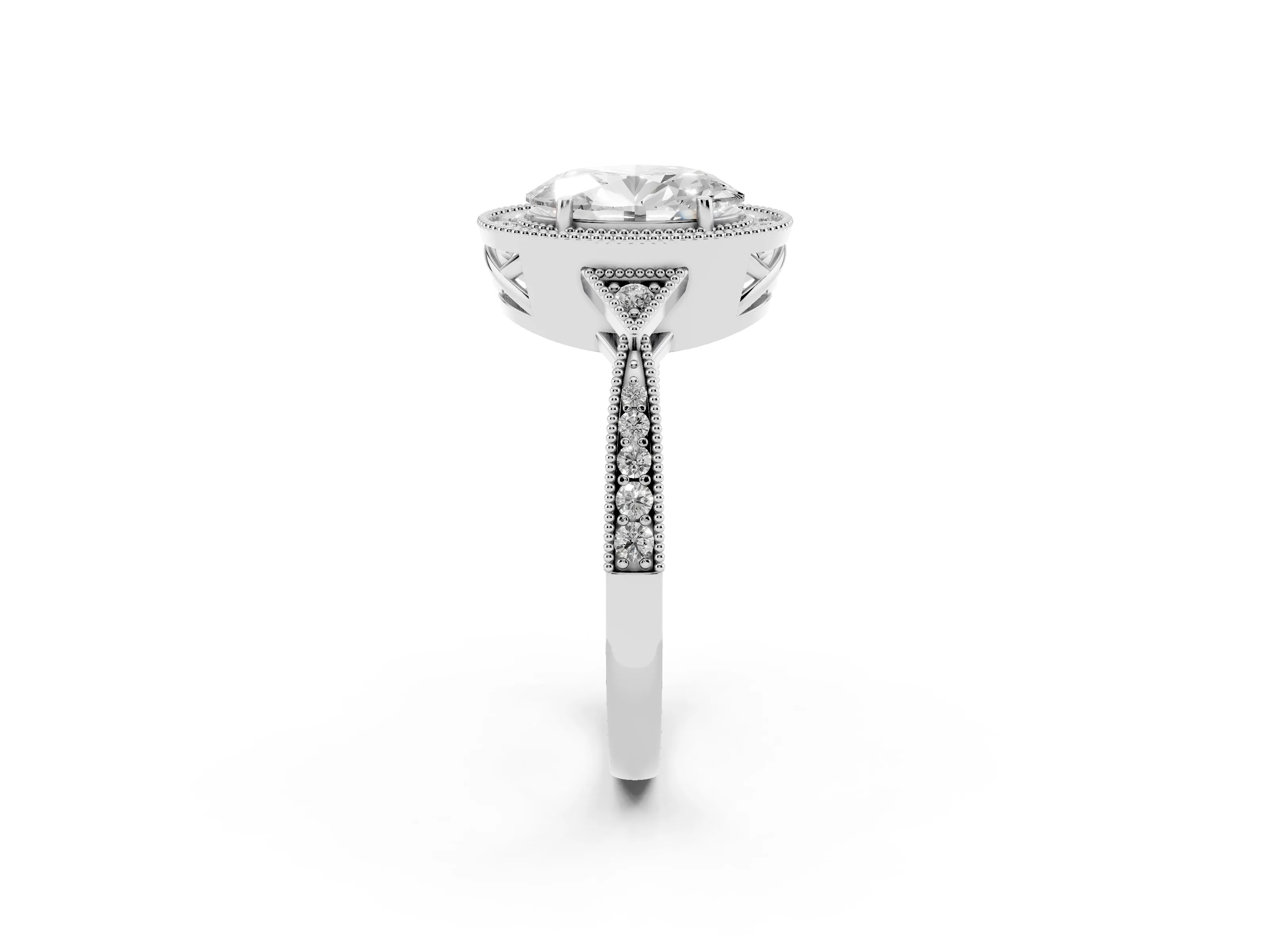 Oval Cut Diamond Halo Engagement Ring Set in Silver with Milgrain Pavé Band