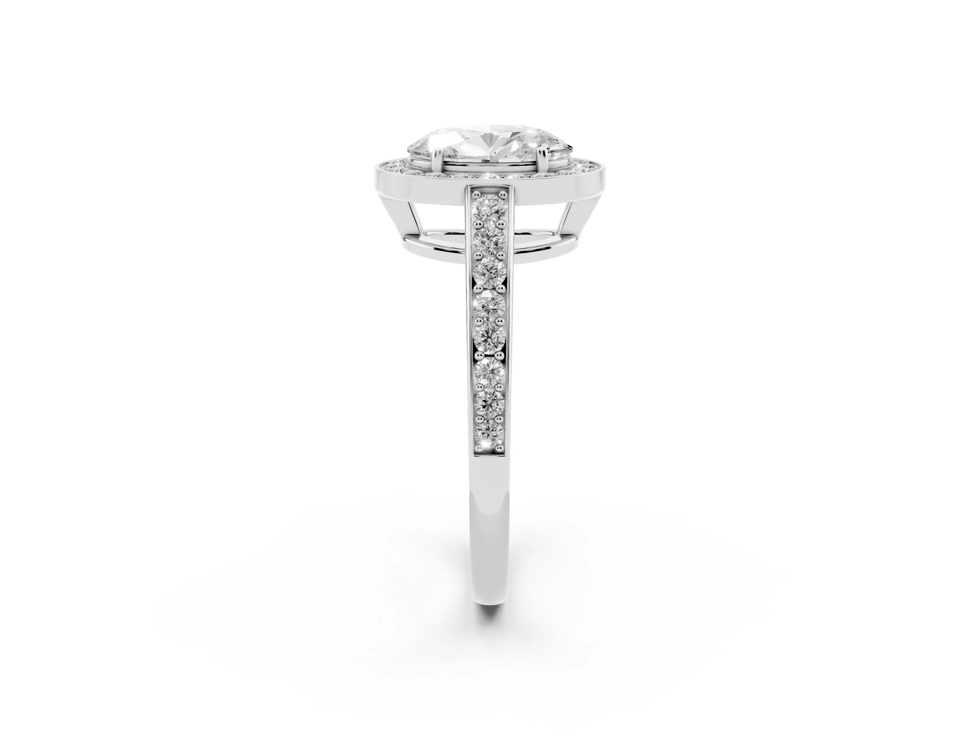 Oval Cut Diamond Halo Pavé Engagement Ring Set in White gold with Bezel Setting