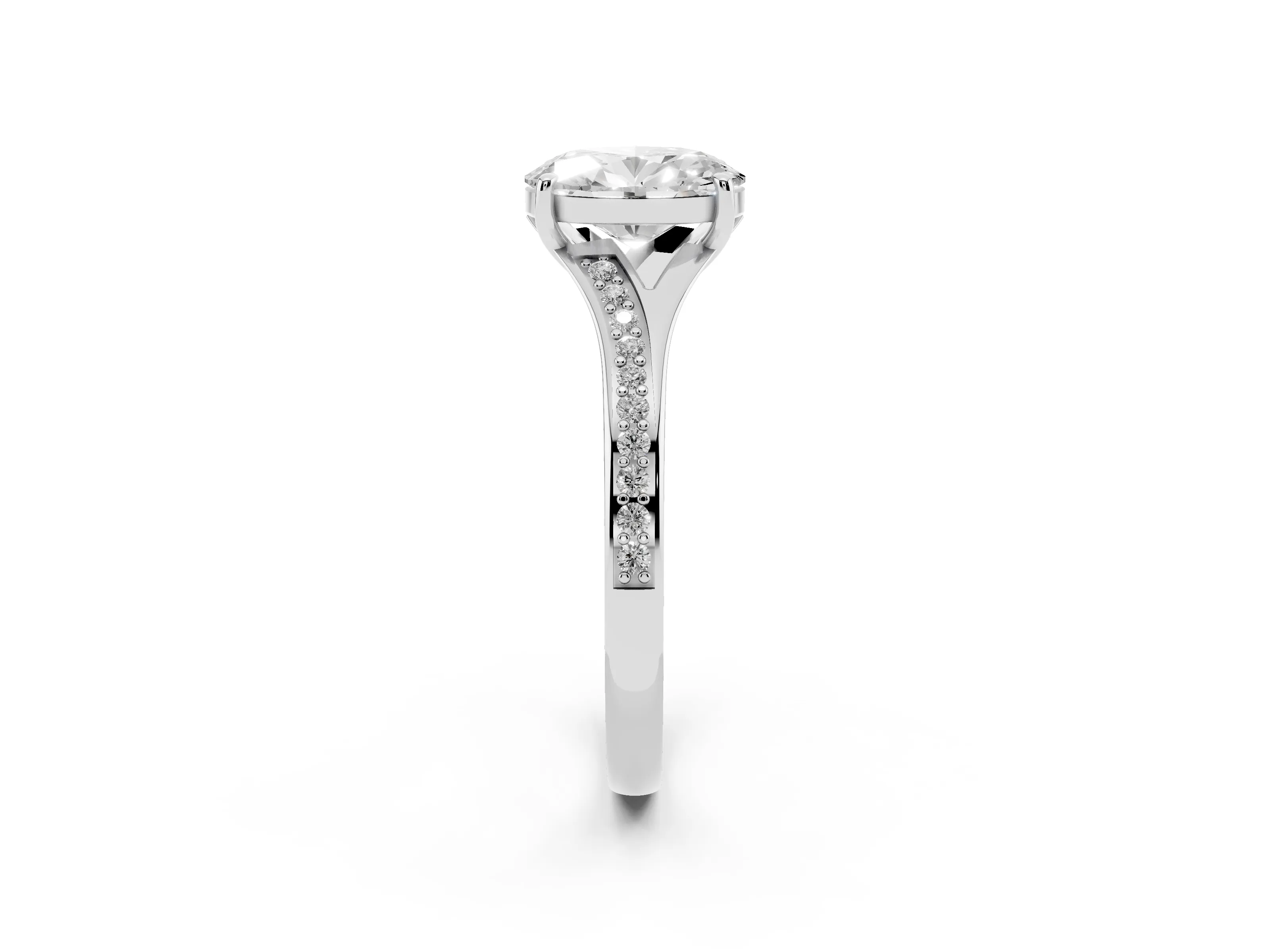 Oval Cut Diamond Solitaire Ring Set in Silver with Pavé Accent Band and Classic Prong Setting