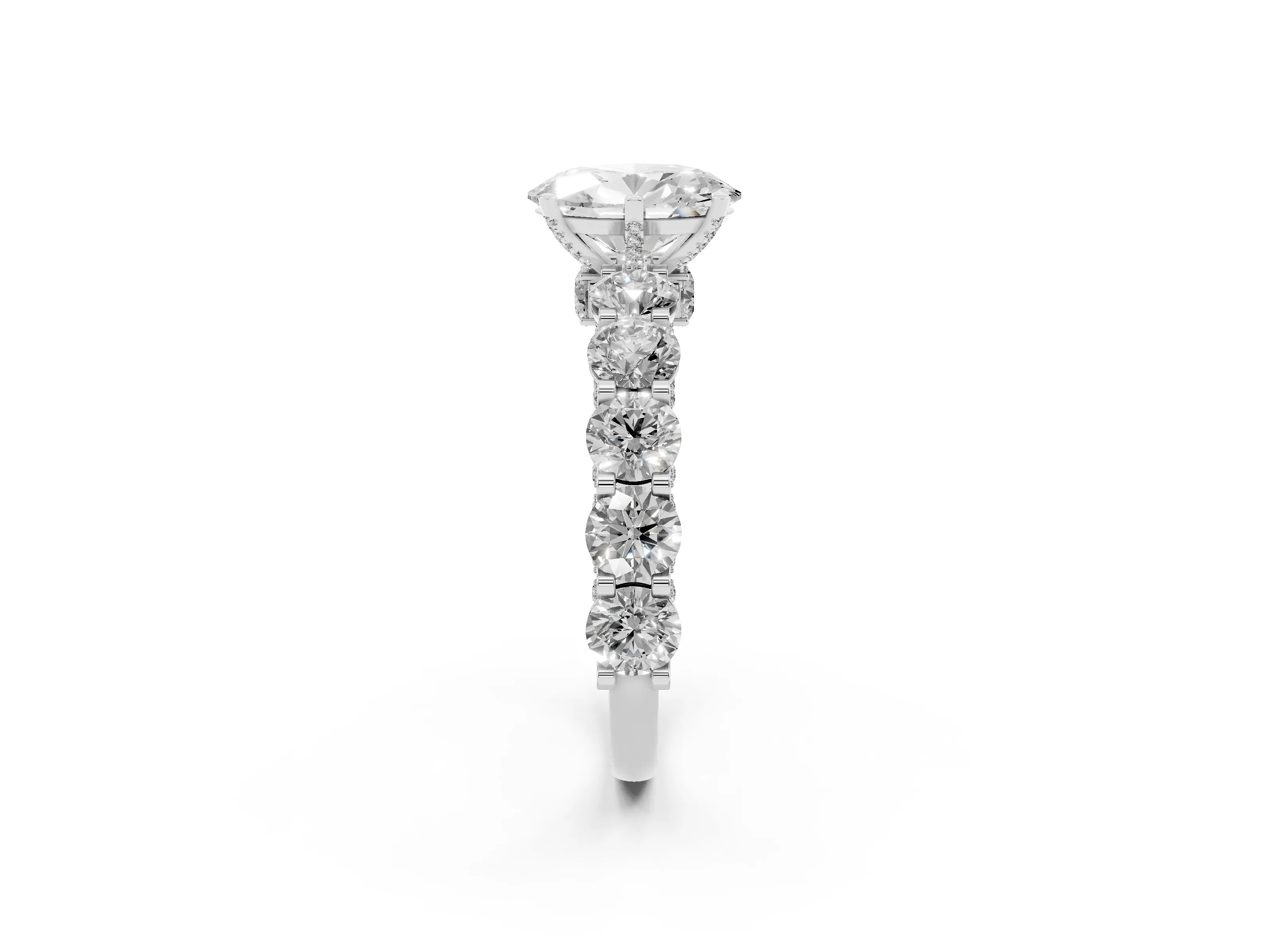 Oval Cut Diamond Side Stone Ring Set in White gold with Alternating Round and Oval Side Stones
