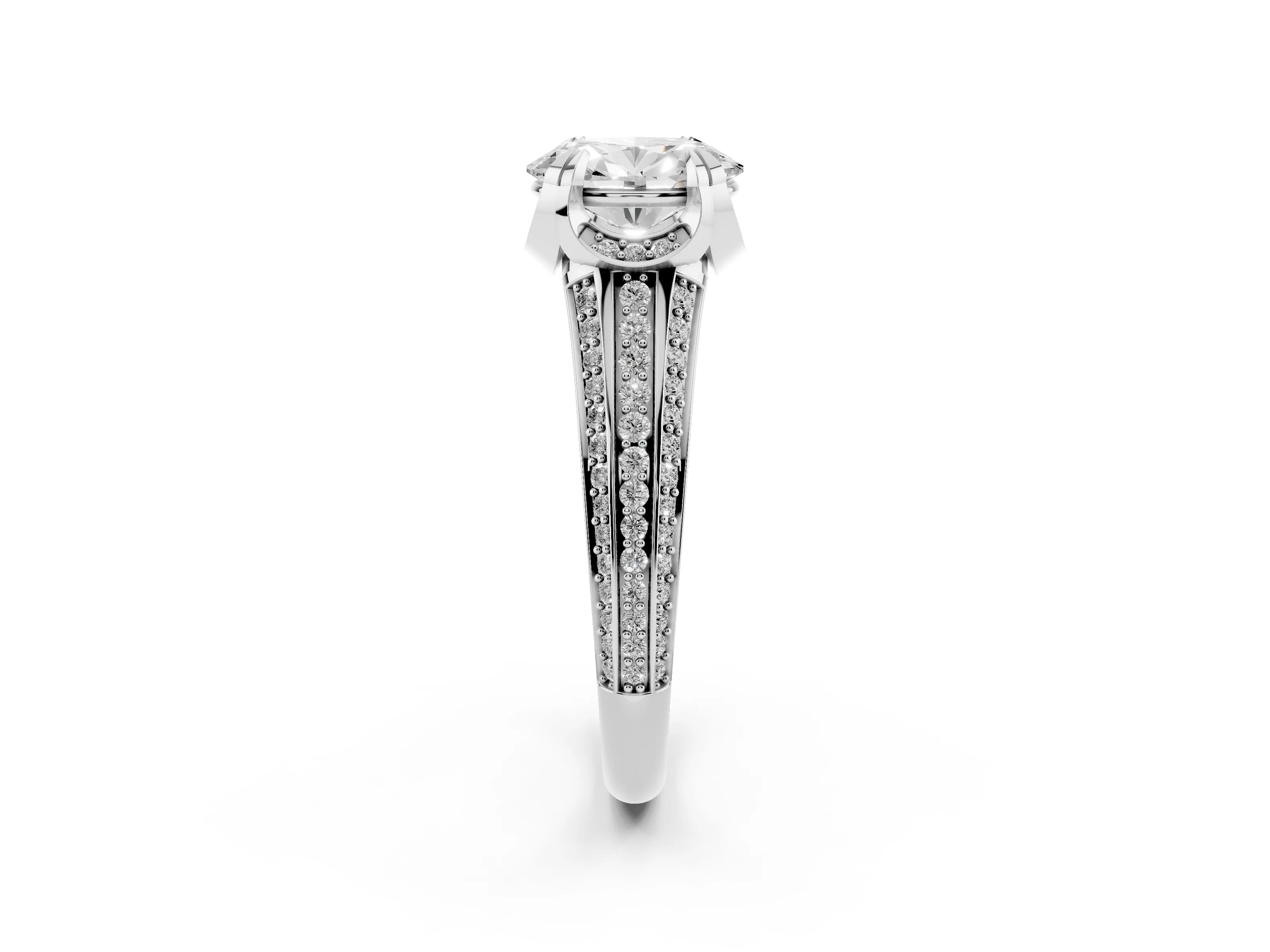 Oval Cut Diamond Pavé Split Shank Solitaire Ring Set in White gold with Prong Setting