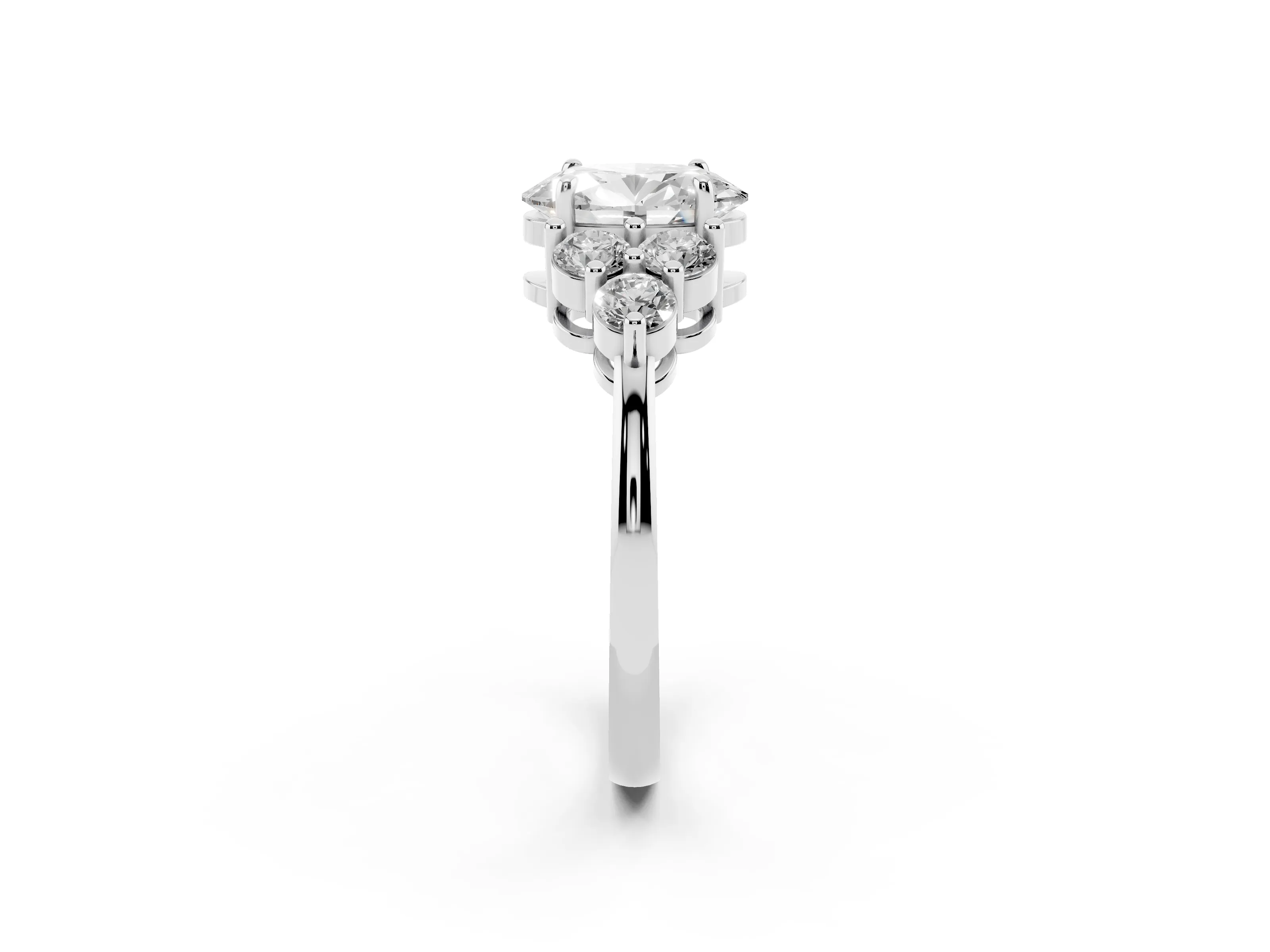 Oval Cut Diamond Solitaire Ring Set in Platinum with Cluster Accents on Each Side