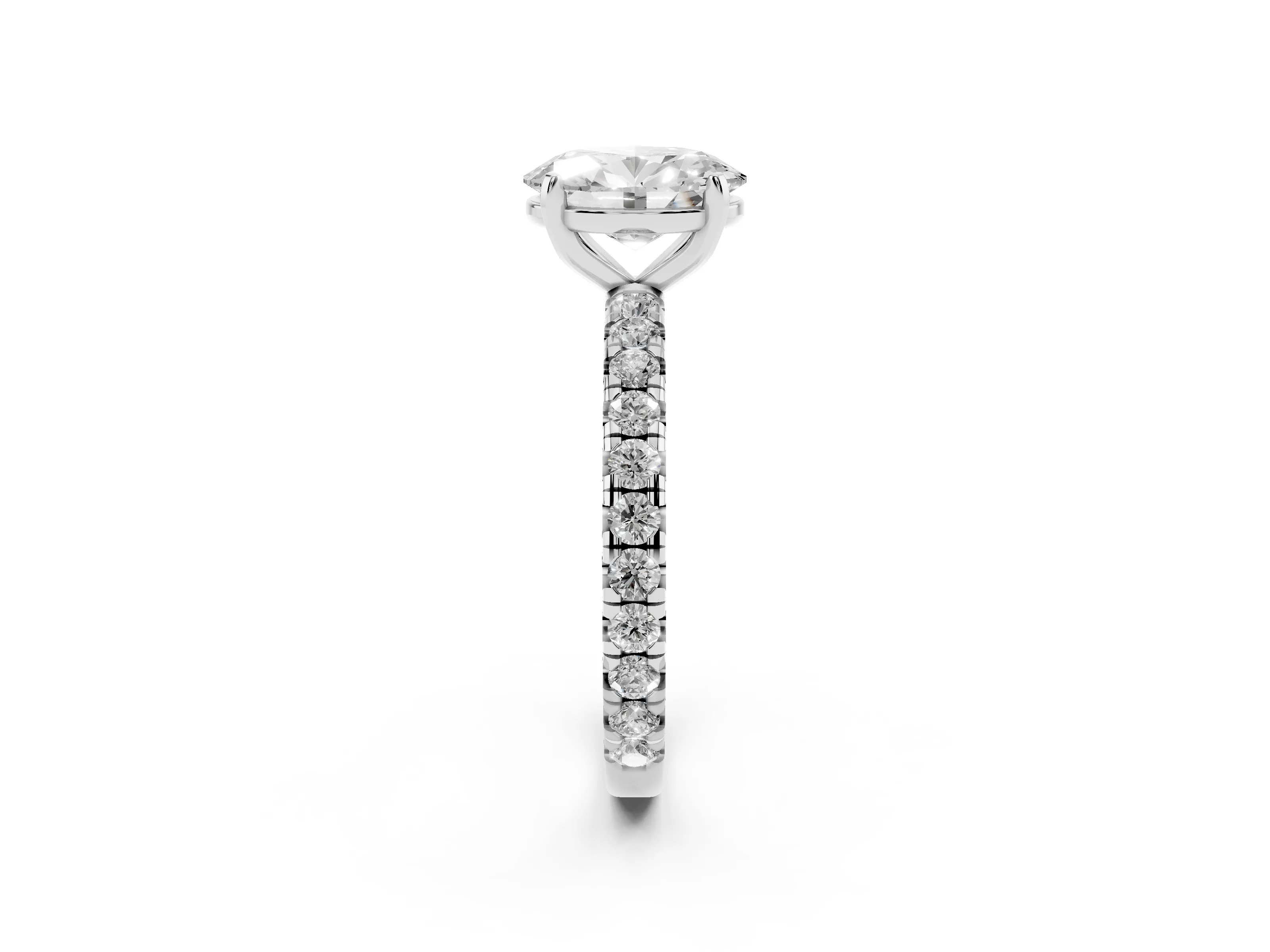 Oval Cut Diamond Pavé Solitaire Ring Set in Platinum with Round Band and Prong Setting