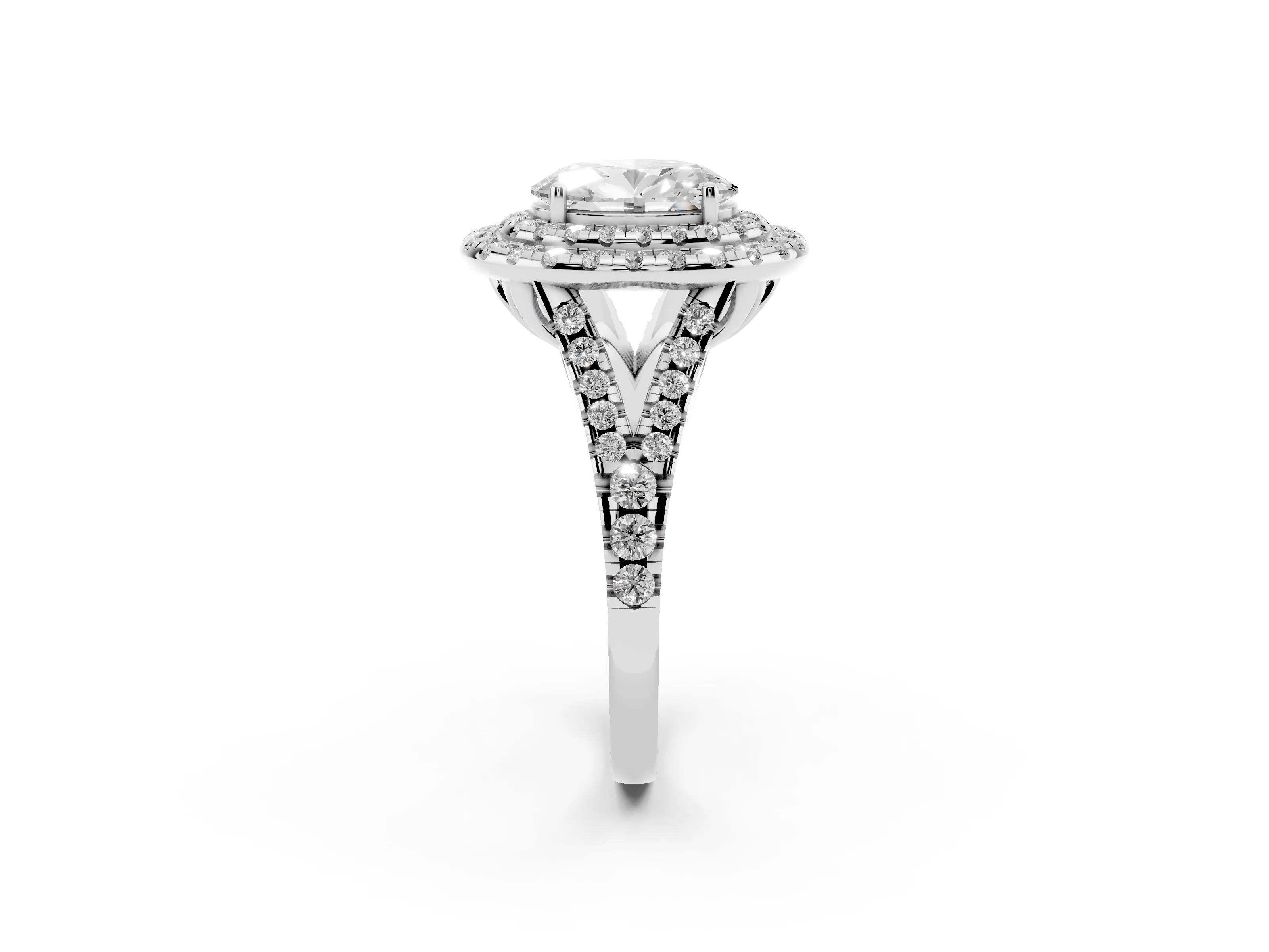 Oval Cut Diamond Double Halo Ring Set in Silver with Pavé Split Shank and Prong Setting