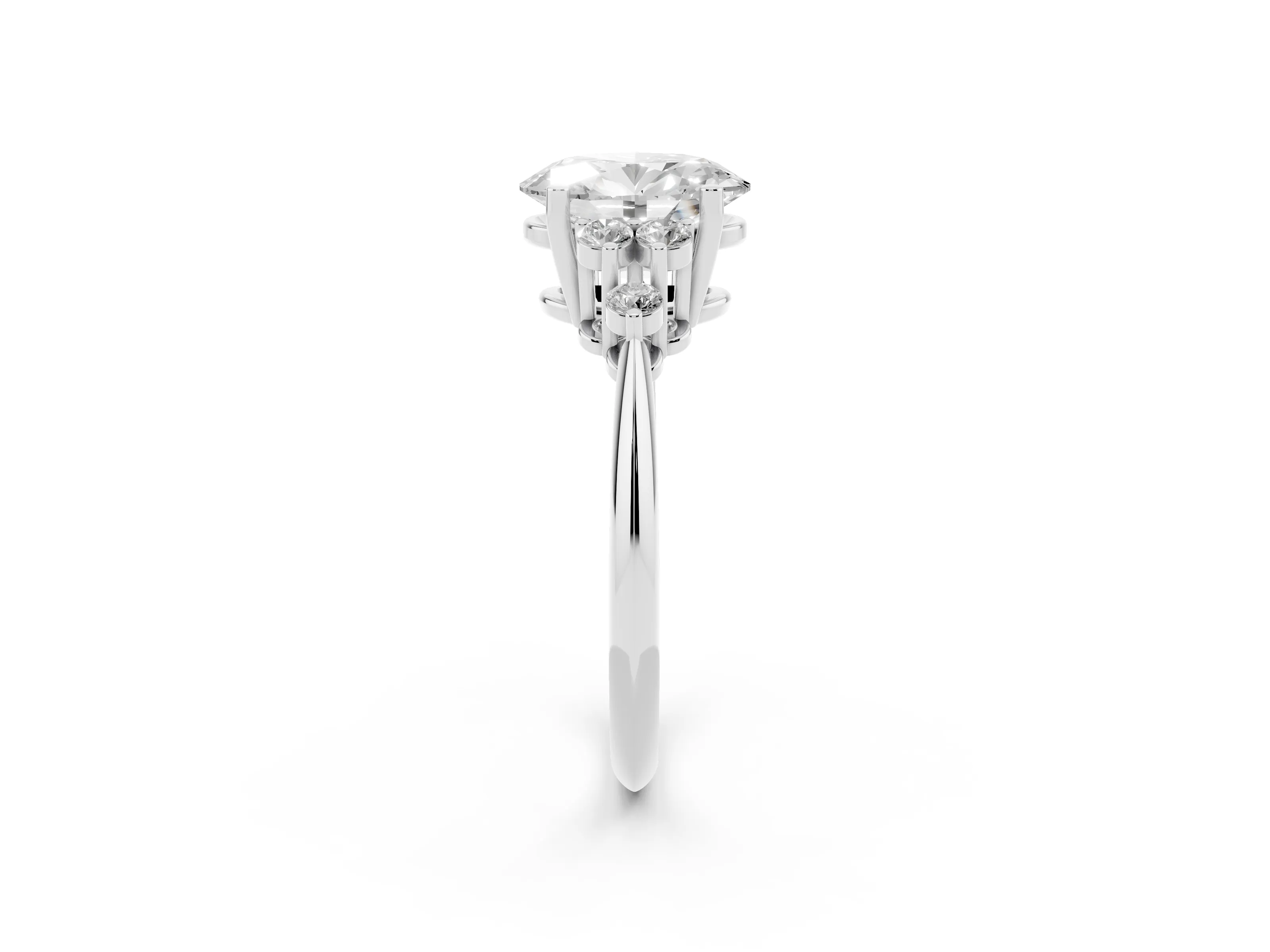 Oval Cut Diamond Cluster Ring Set in Silver with Plain Band and Prong Setting