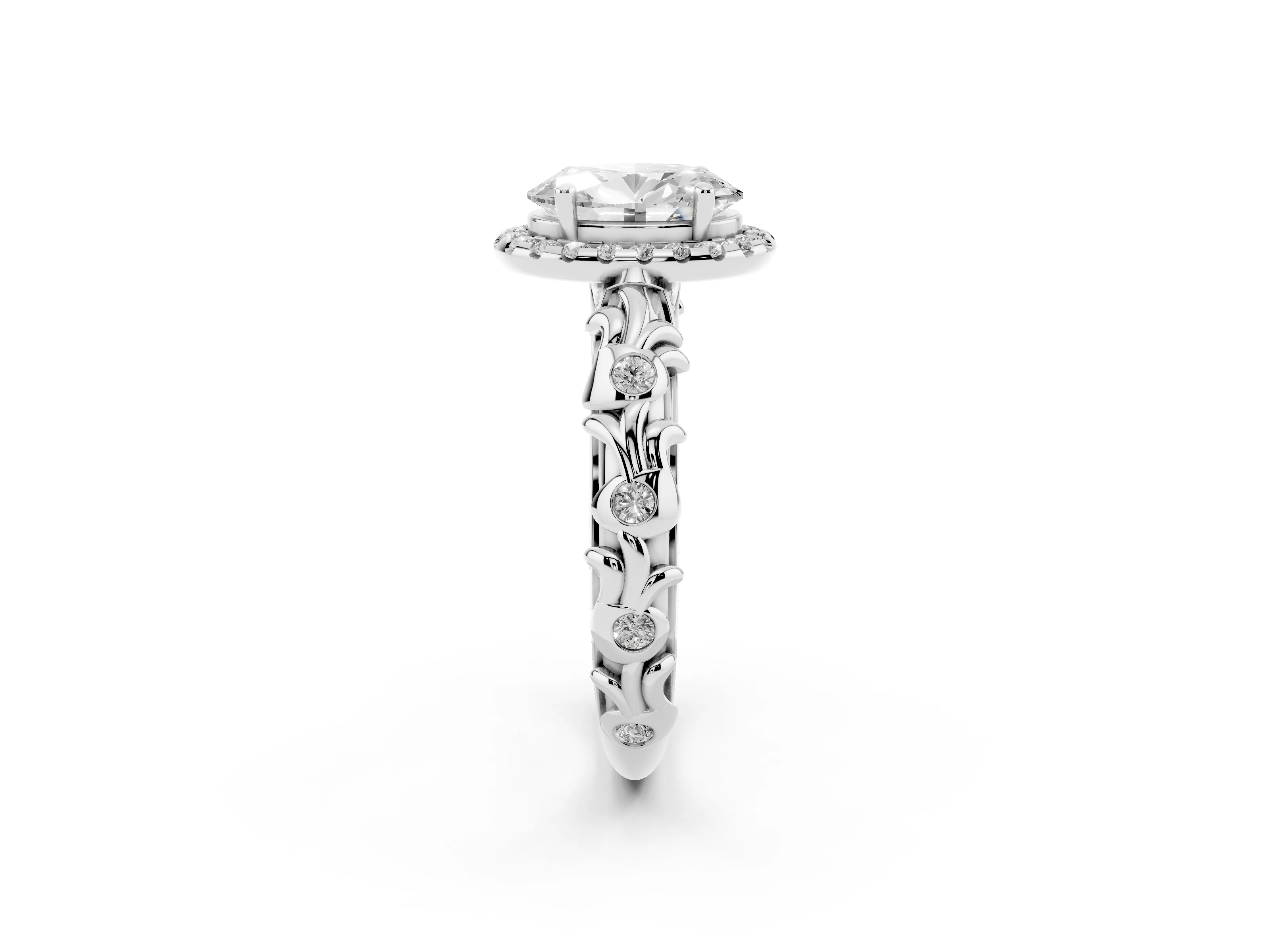 Oval Cut Diamond Halo Ring Set in White gold with Filigree Leaf Band and Prong Setting