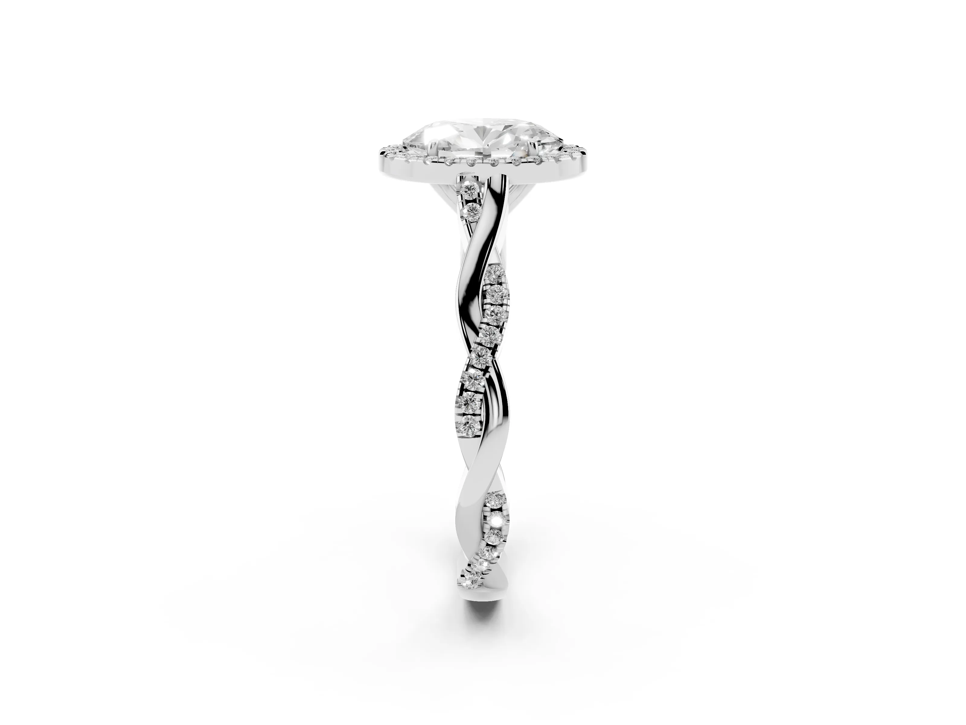 Oval Cut Diamond Halo Twist Band Solitaire Ring Set in White gold with Prong Setting
