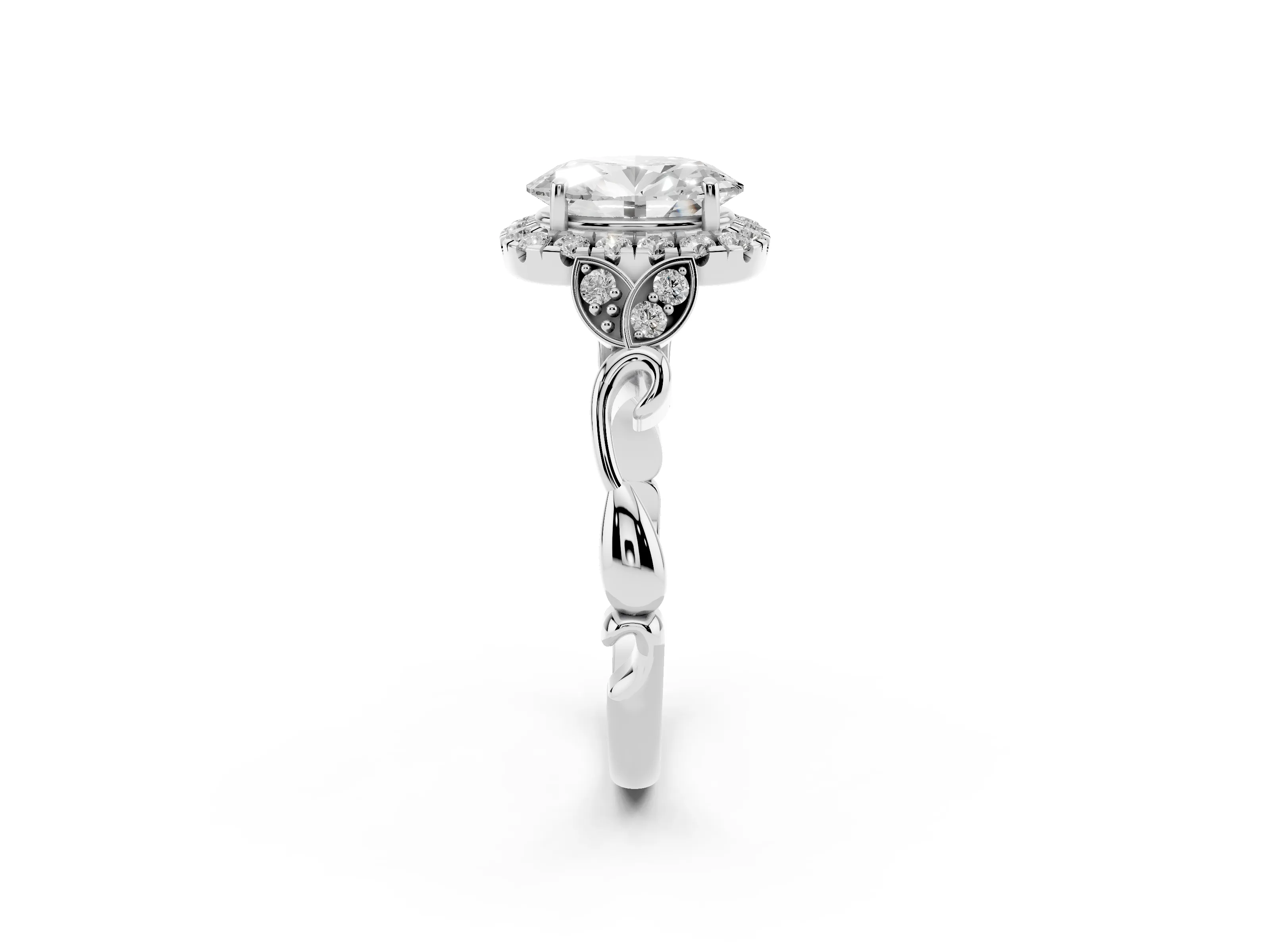 Oval Cut Diamond Halo Engagement Ring Set in Platinum with Vintage-Inspired Band and Prong Setting