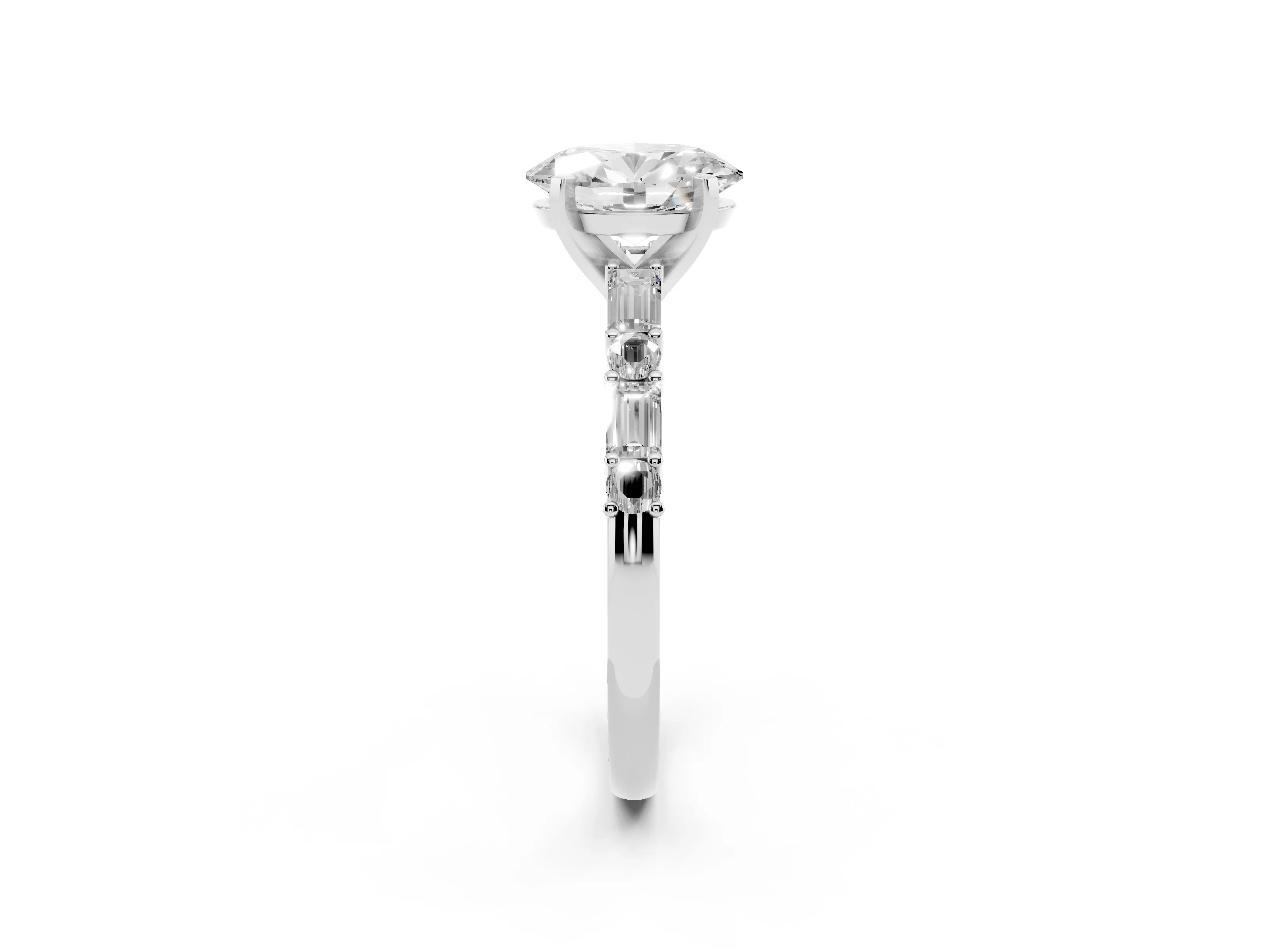 Oval Cut Diamond Solitaire Set in Platinum with Side Baguettes and Channel Set Band
