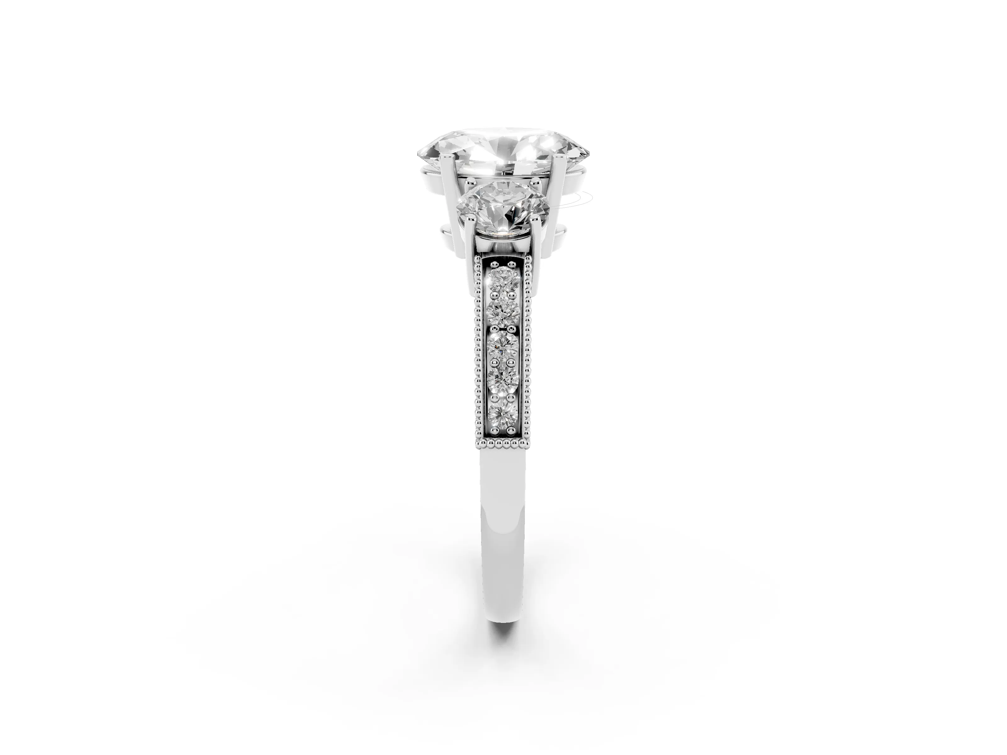 Oval Cut Diamond Three-Stone Ring Set in Silver with Round Side Stones and Pavé Band