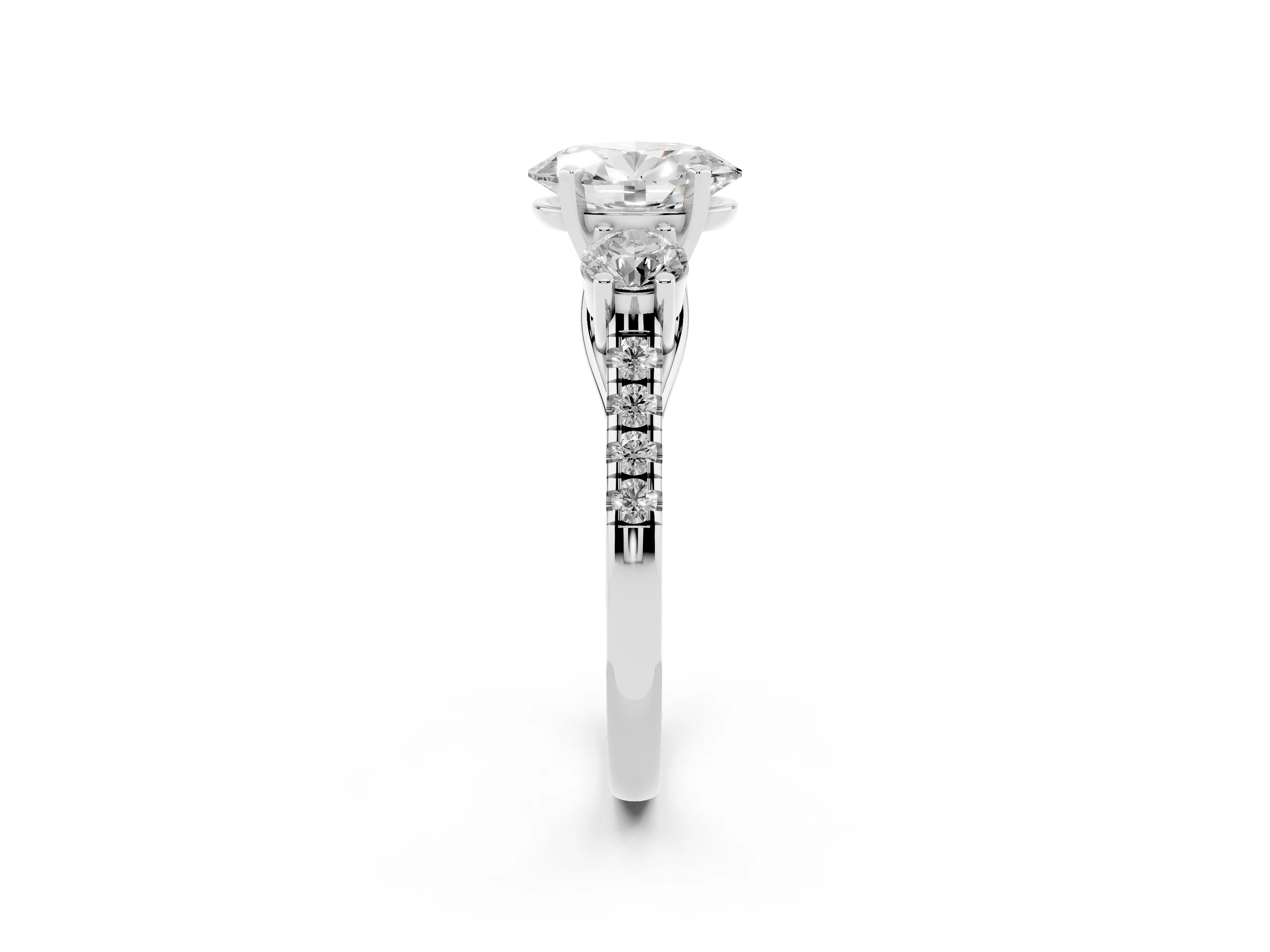 Three-Stone Oval Cut Diamond Pavé Band Ring Set in Silver with Prong-Set Trio