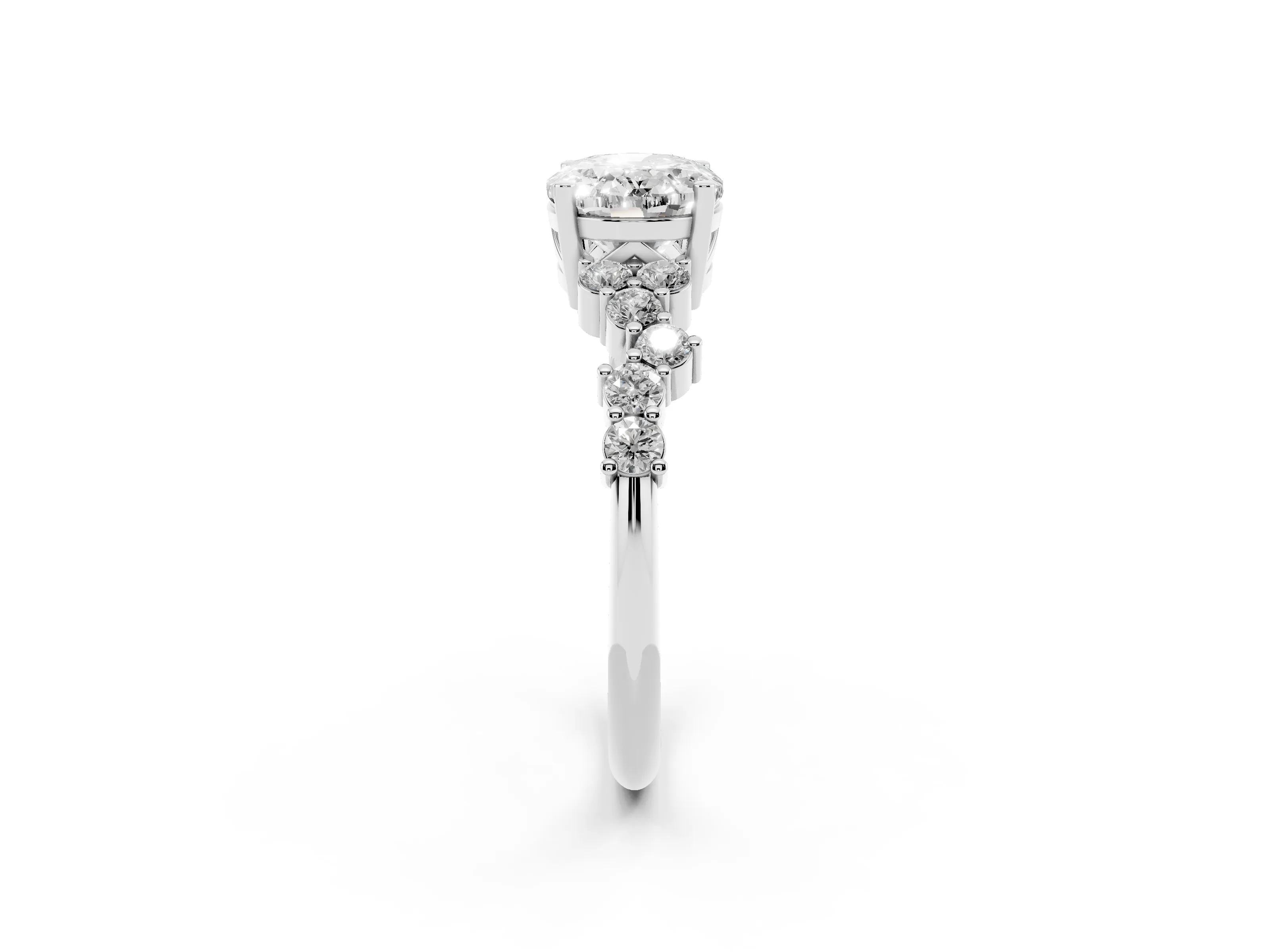 Oval Cut Diamond Ring Set in White gold with Scattered Round Accents