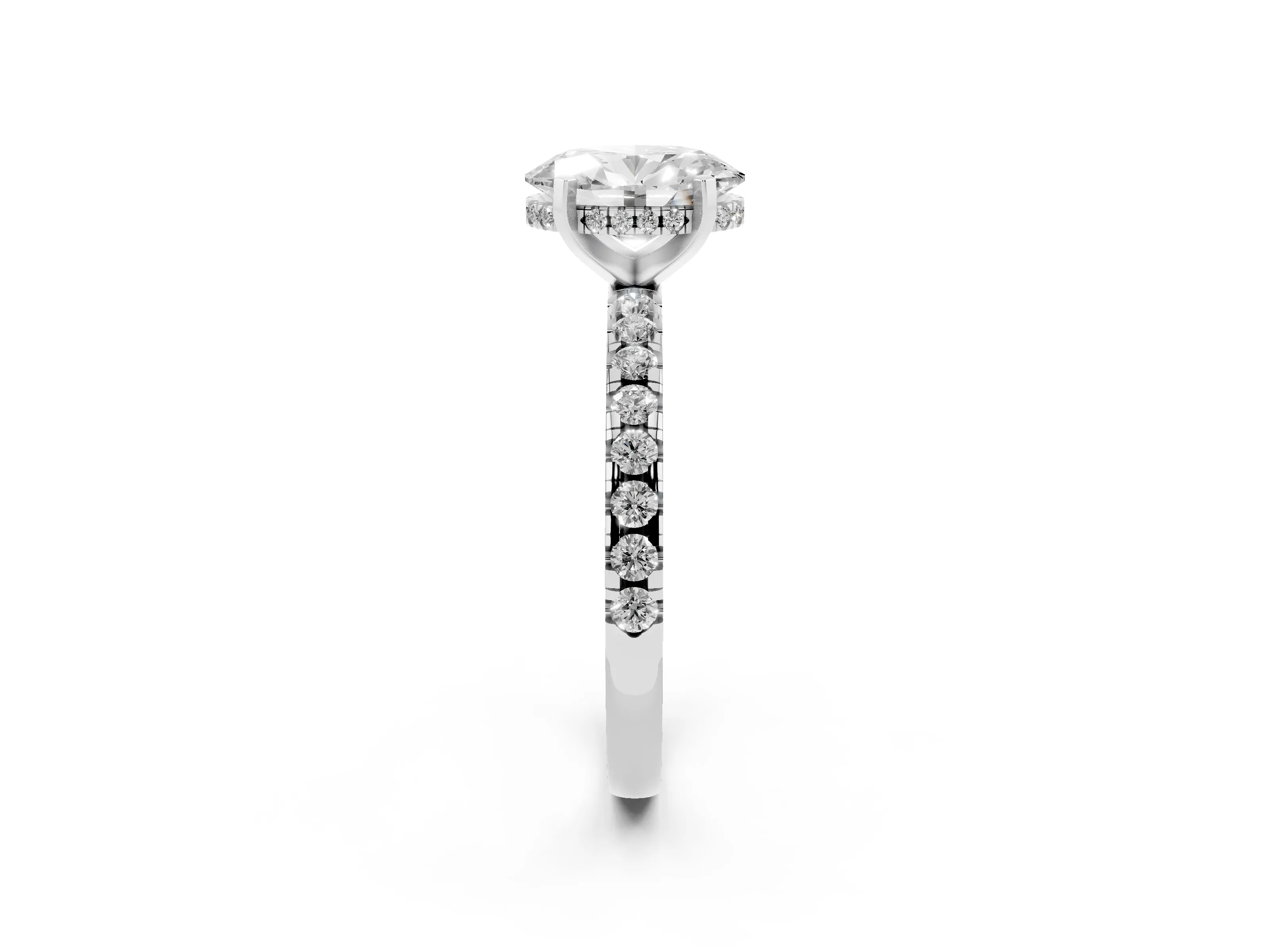Oval Cut Diamond Pavé Solitaire Ring Set in Platinum with Round Band Accents and Prong Setting