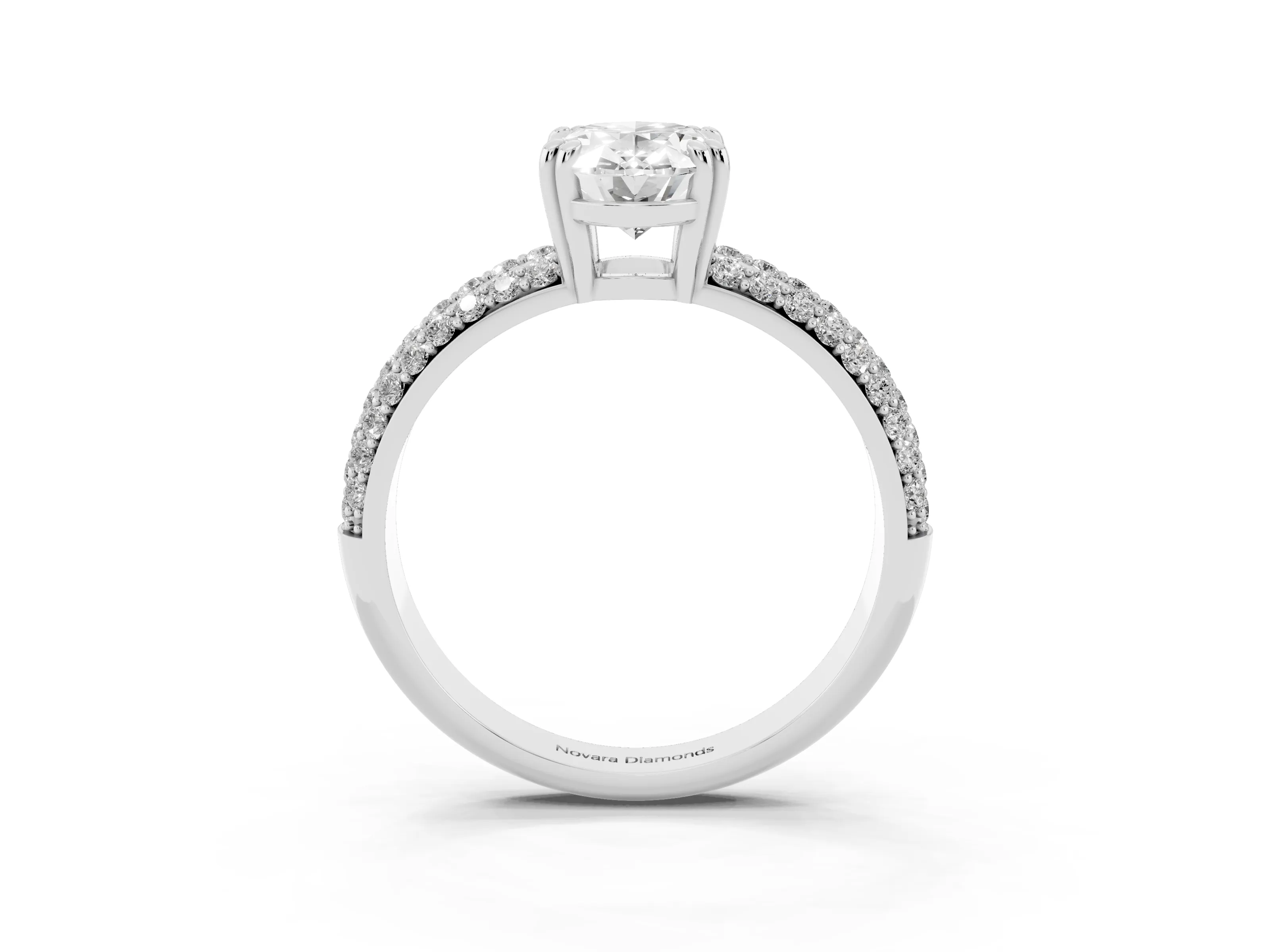 Oval Cut Diamond Solitaire Ring Set in White gold with Multi-Row Round Pavé Band and Prong Setting