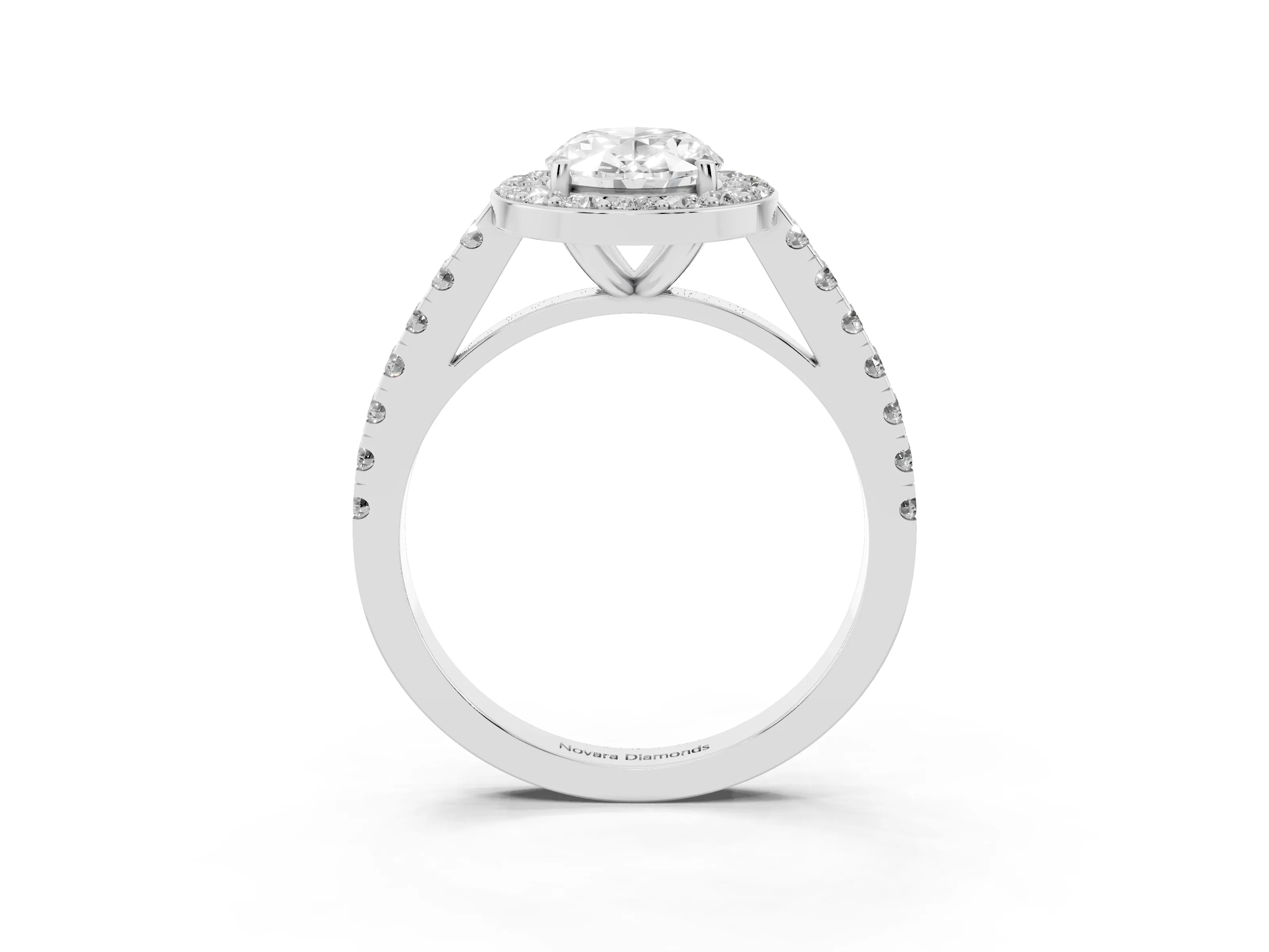 Oval Cut Diamond Halo Ring Set in Silver with Round Pavé Split Shank and Prong Setting