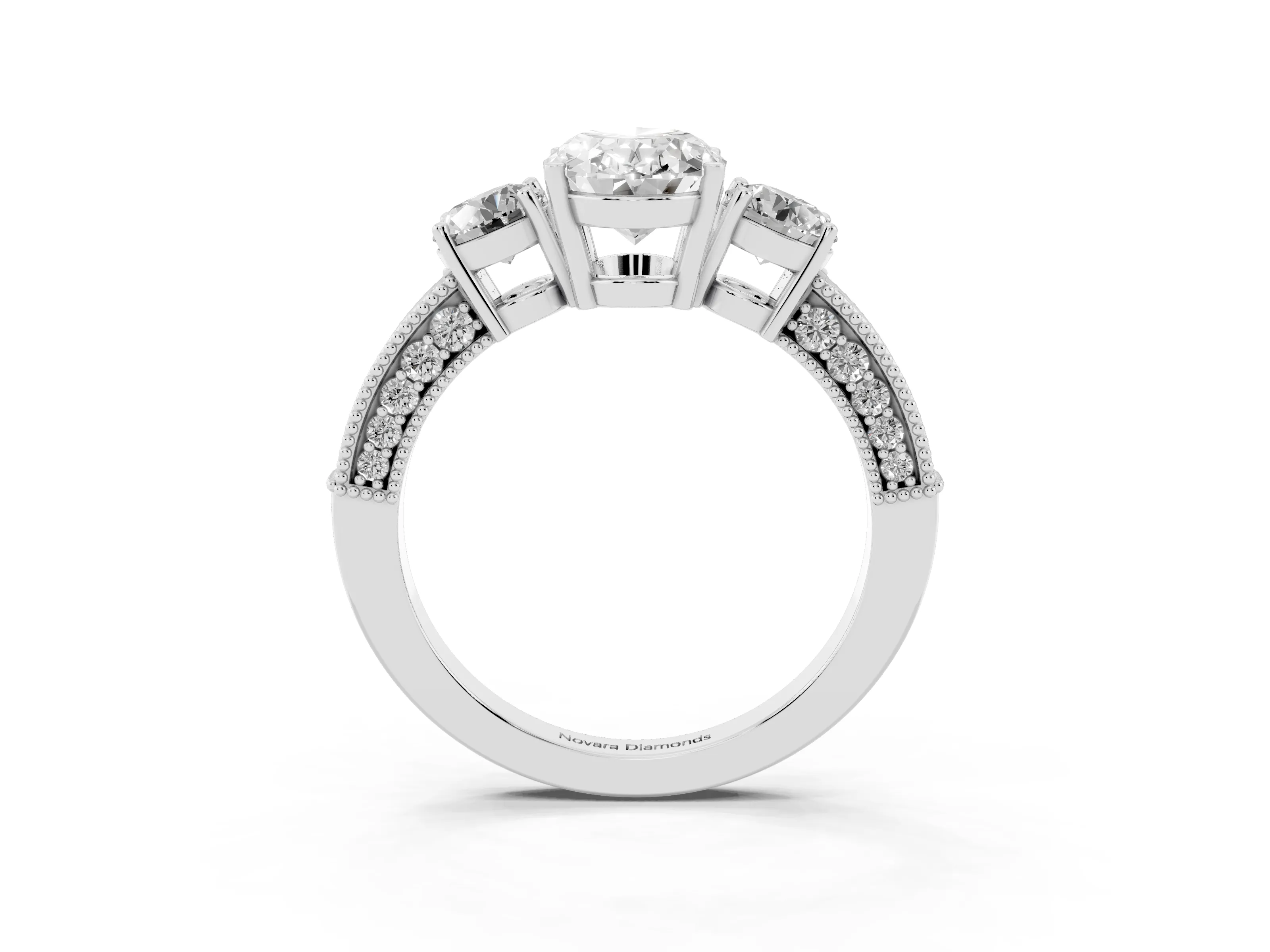 Oval Cut Diamond Three-Stone Ring Set in Silver with Round Side Stones and Pavé Band