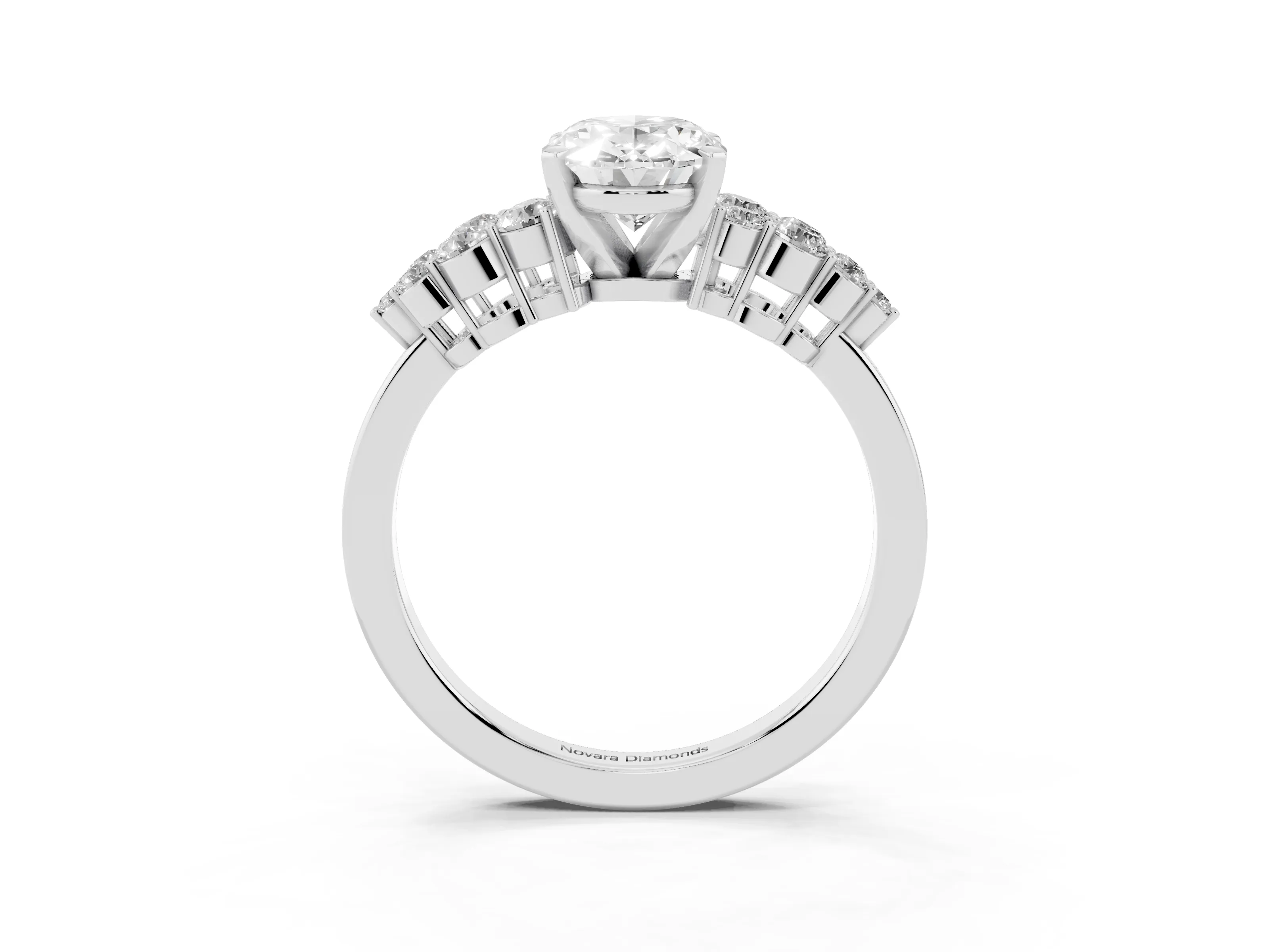 Oval Cut Diamond Cluster Engagement Ring Set in White gold with Pavé Band and Prong Setting