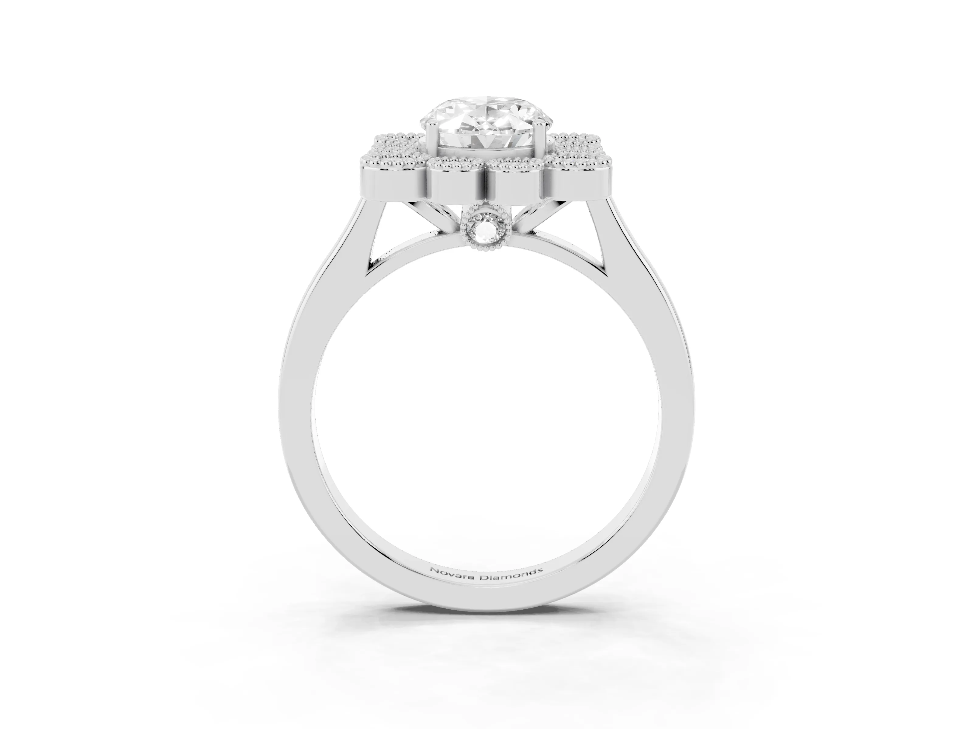 Oval Cut Diamond Cluster Halo Ring Set in White gold with Milgrain Bezel Accents and Plain Band