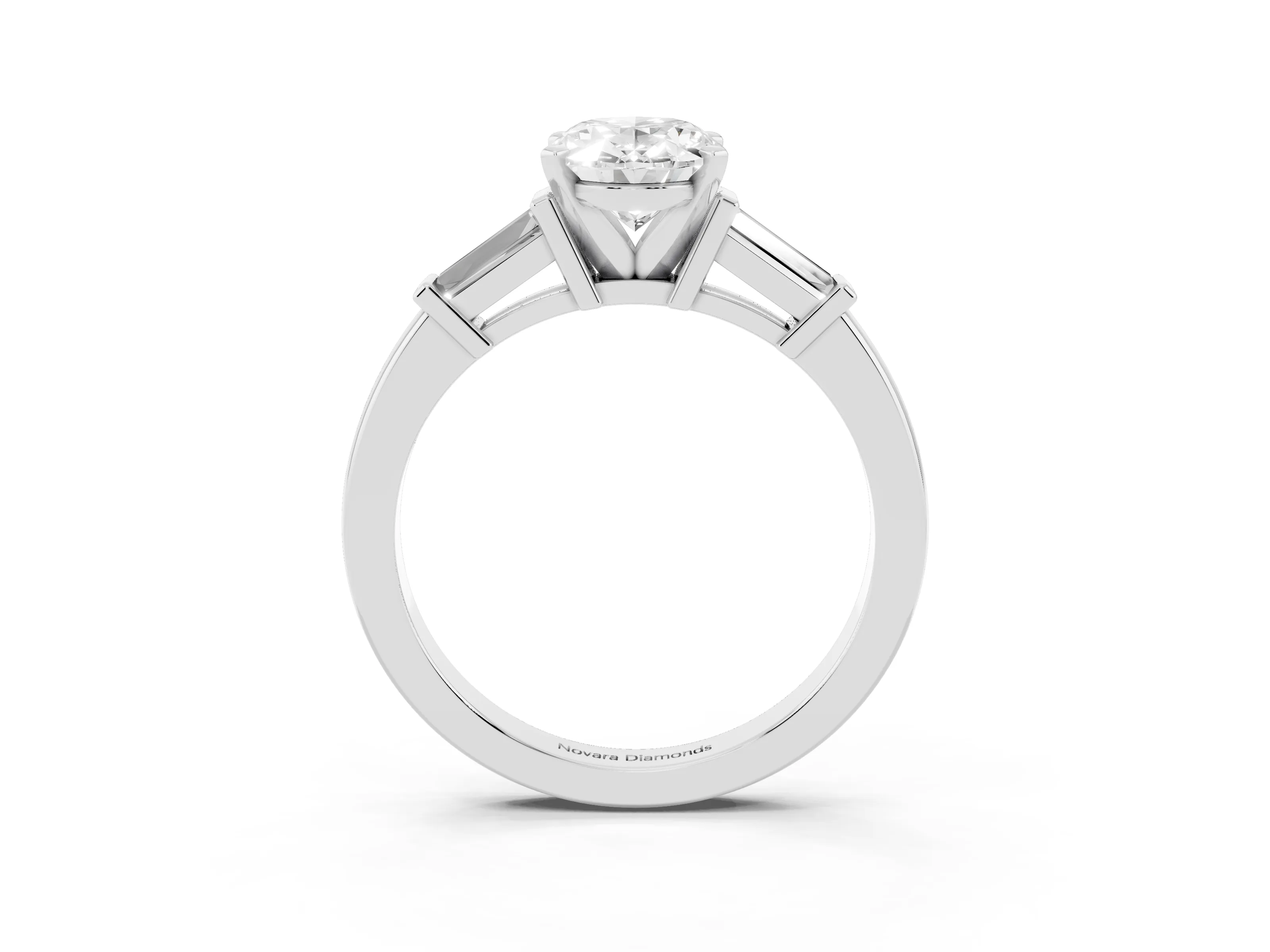 Oval Cut Diamond Solitaire Ring Set in White gold with Tapered Baguette Accents and Prong Setting