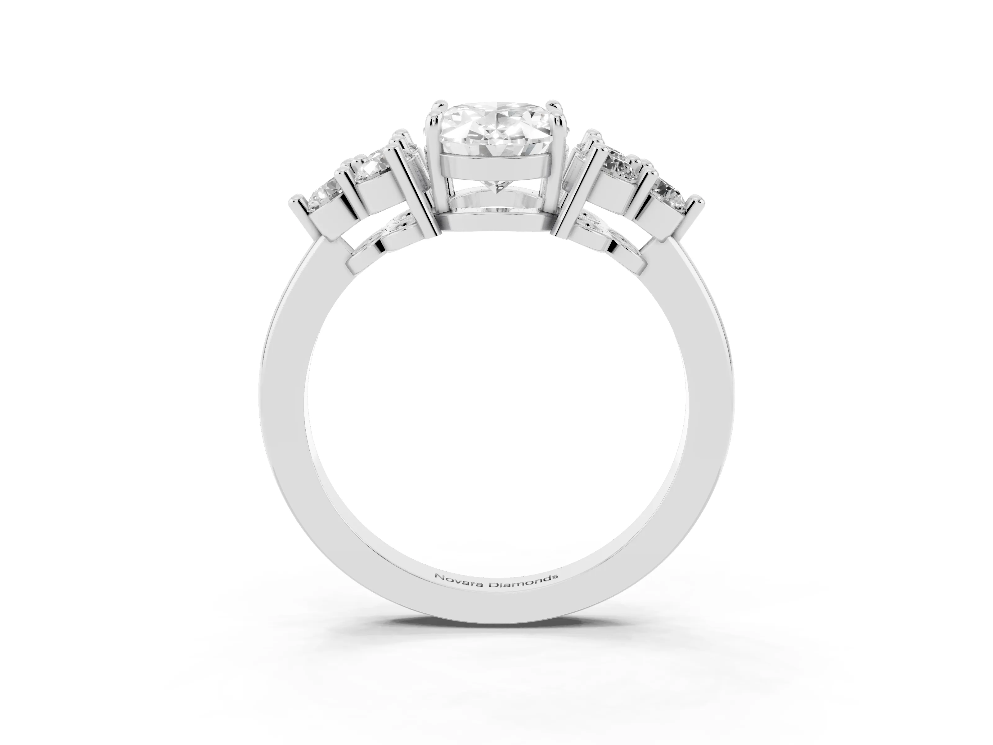 Oval Cut Diamond Solitaire Ring Set in Platinum with Cluster Accents on Each Side