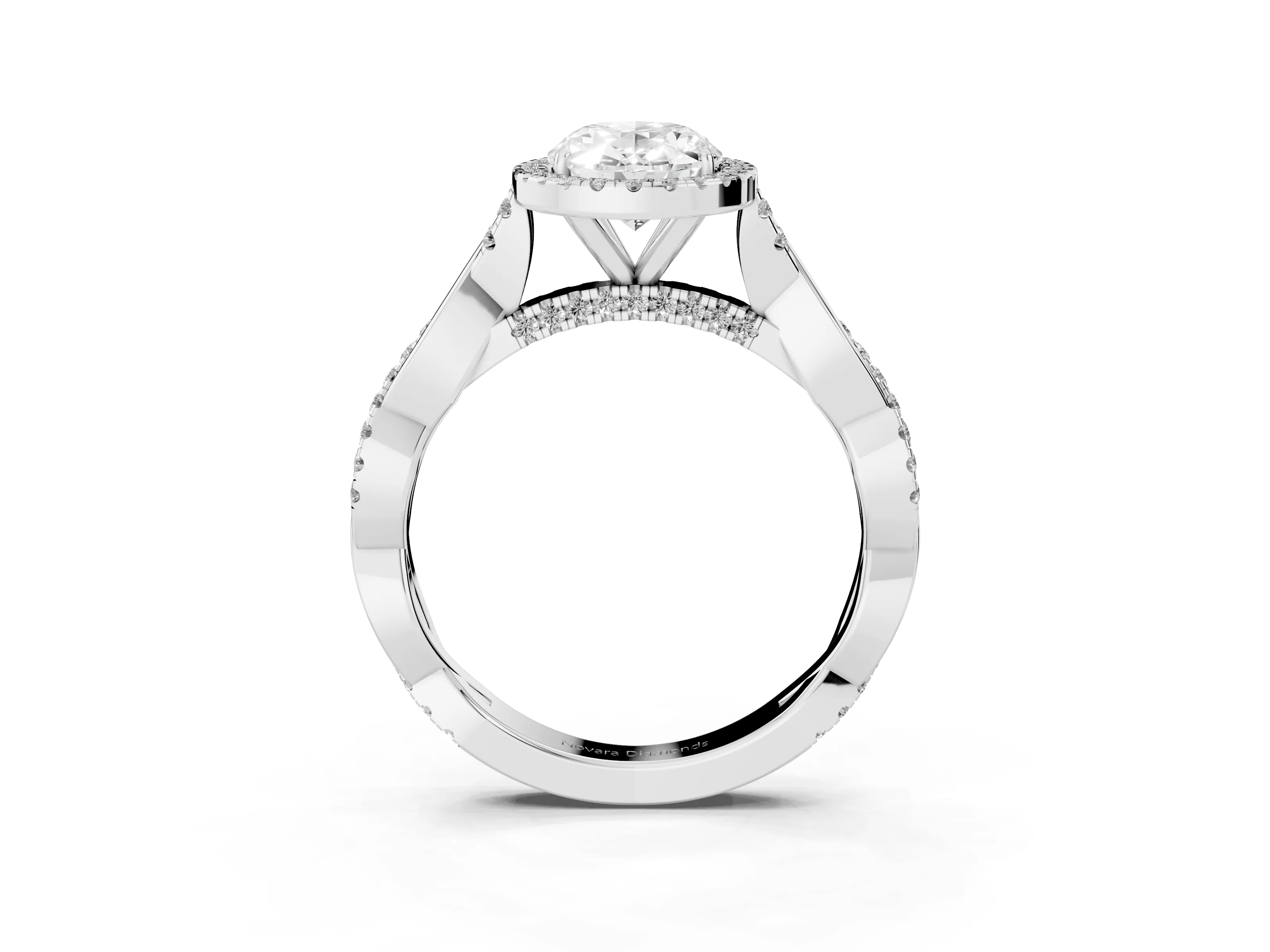 Oval Cut Diamond Halo Twist Band Solitaire Ring Set in White gold with Prong Setting
