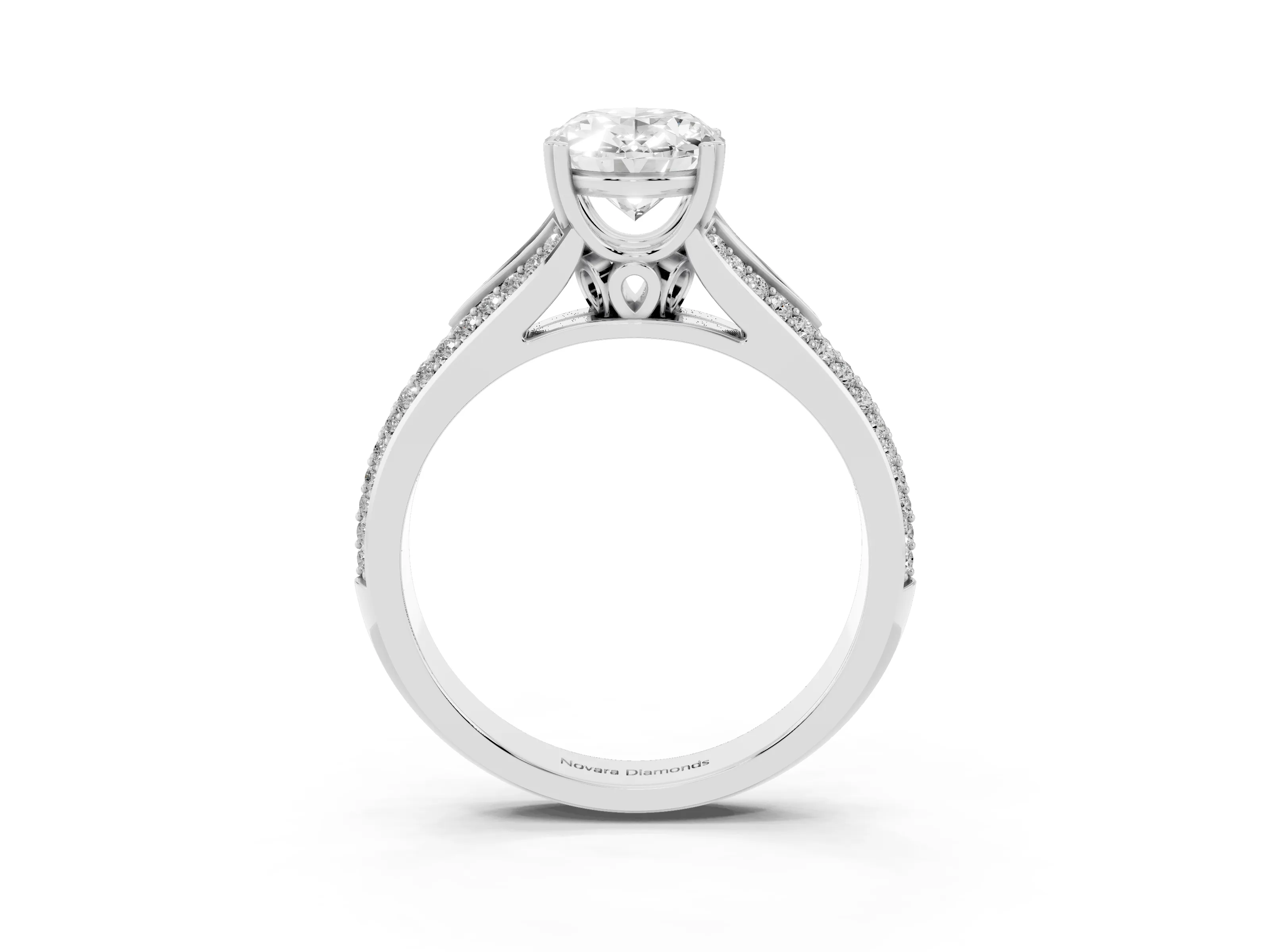 Oval Cut Diamond Split Shank Pavé Engagement Ring Set in White gold with Prong-Set Center Stone