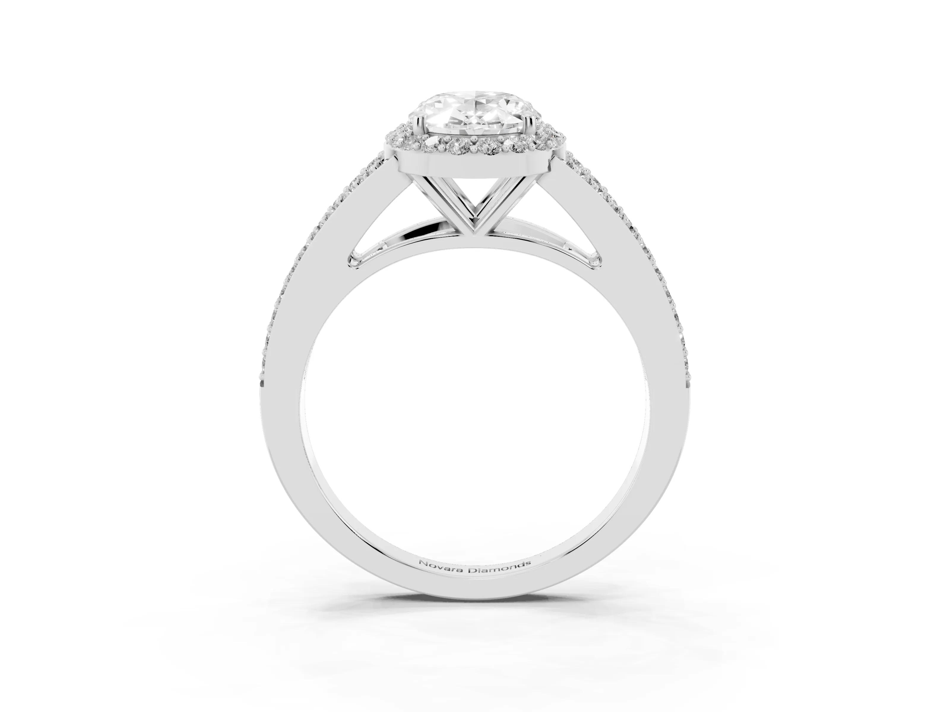 Oval Cut Diamond Halo Split Shank Ring Set in White gold with Accent Stones and Prong Setting