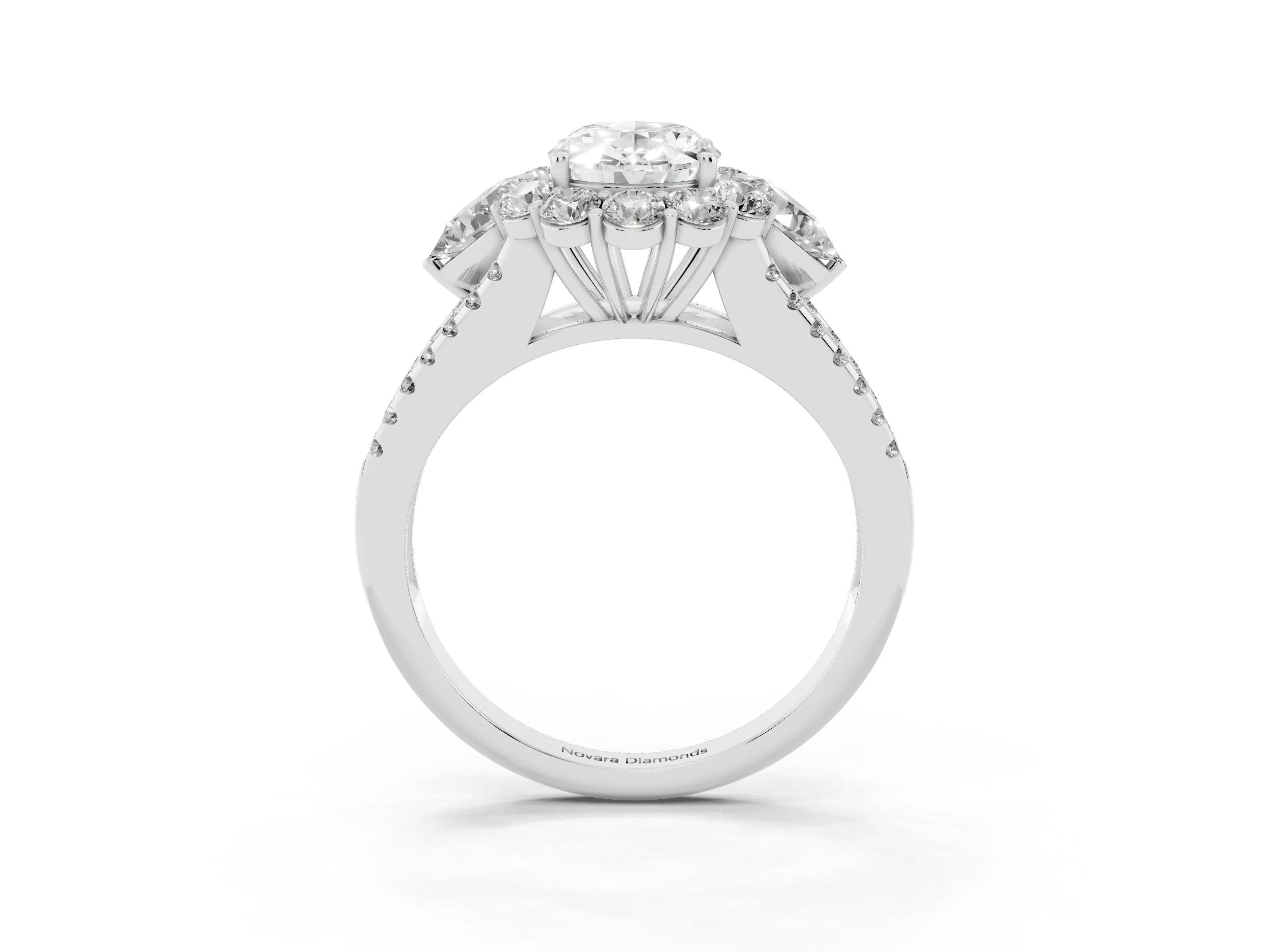 Oval Cut Diamond Halo Split Shank Engagement Ring Set in Silver with Prong-Held Center Stone
