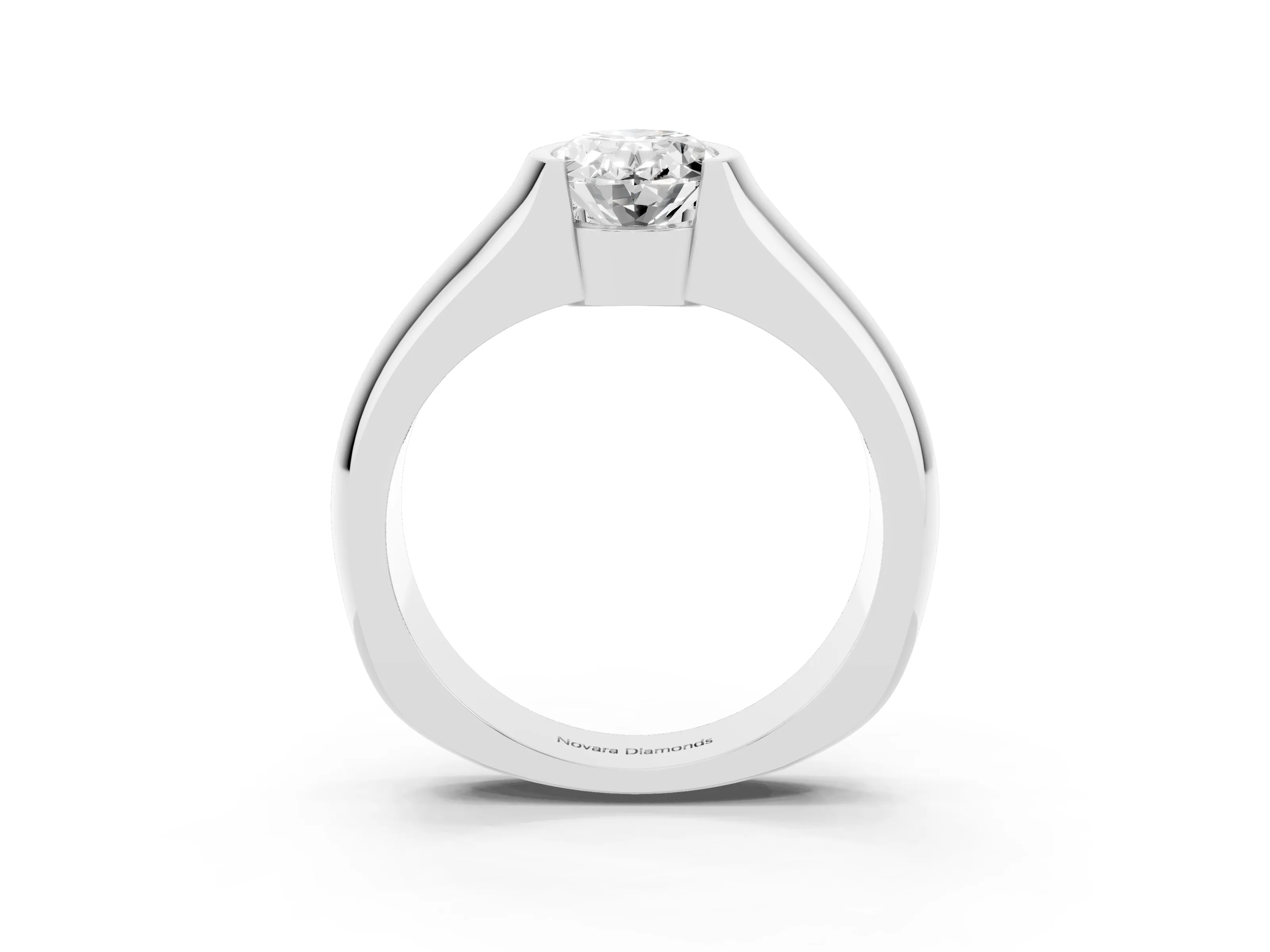 Oval Cut Diamond Bezel Solitaire Ring Set in White gold with Wide Band