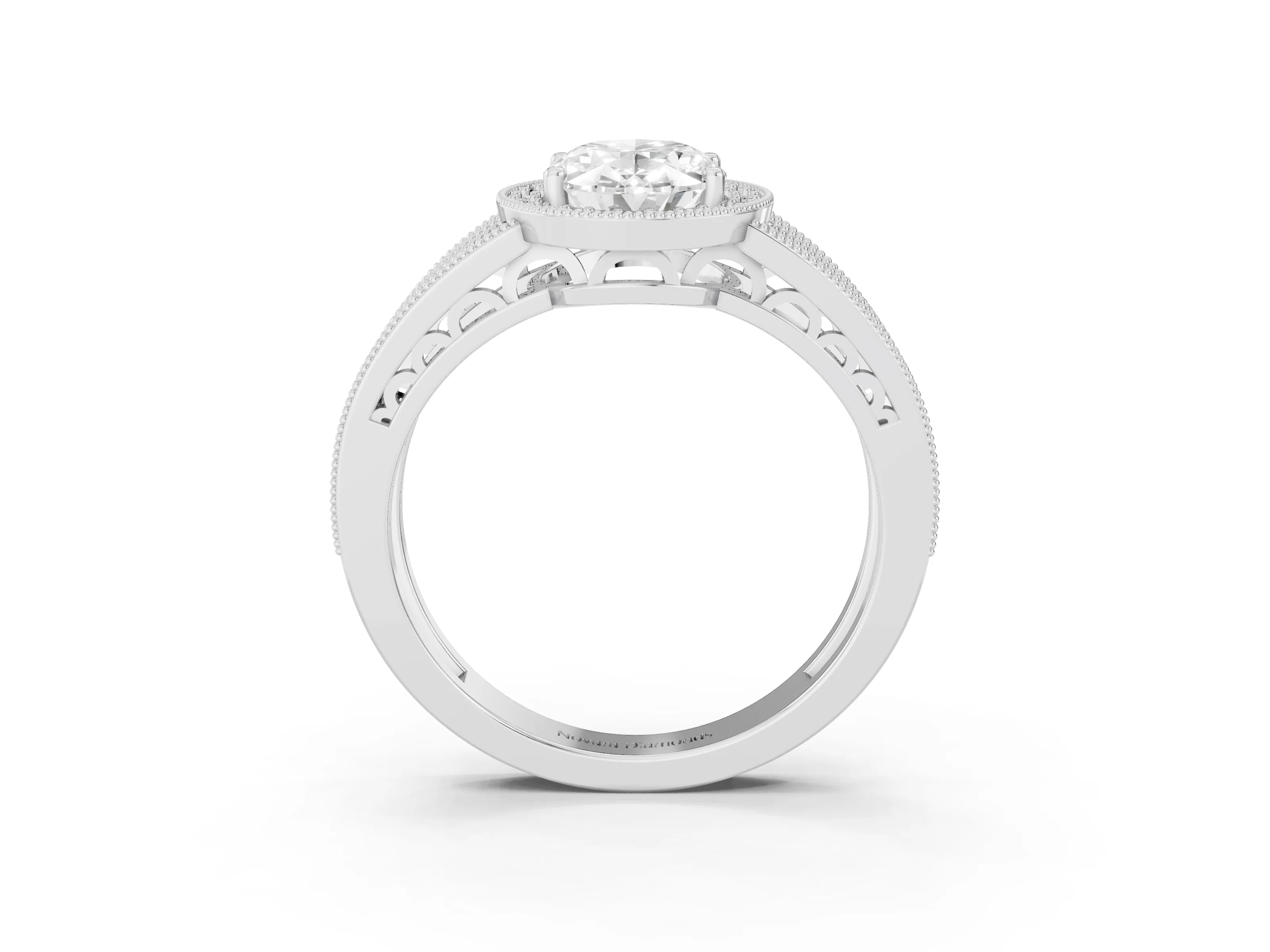 Oval Cut Diamond Halo Ring Set in Platinum with Accent Split Shank and Prong Setting