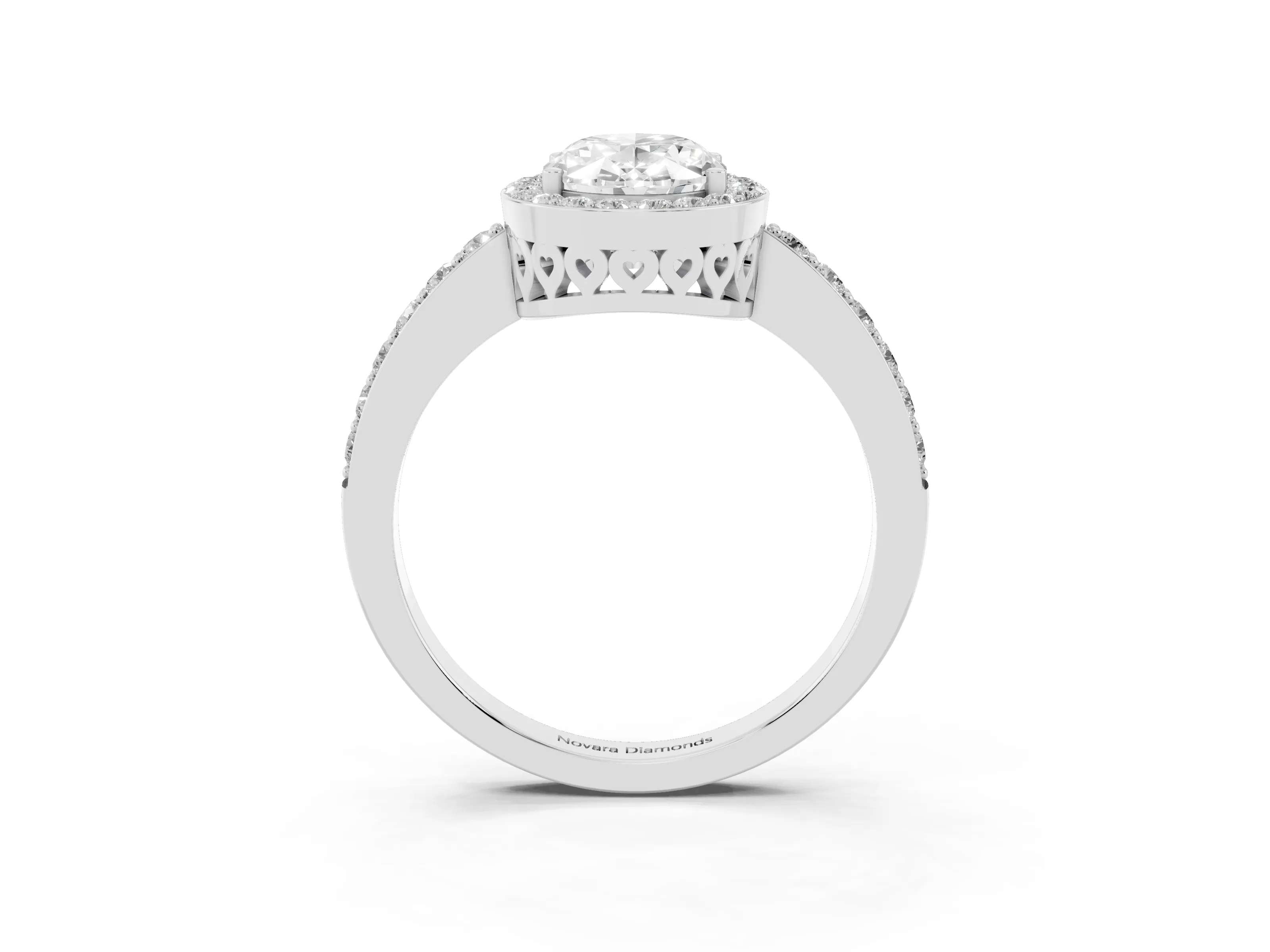 Oval Cut Diamond Halo Ring Set in White gold with Pavé-Setting Band and Open Prong Center