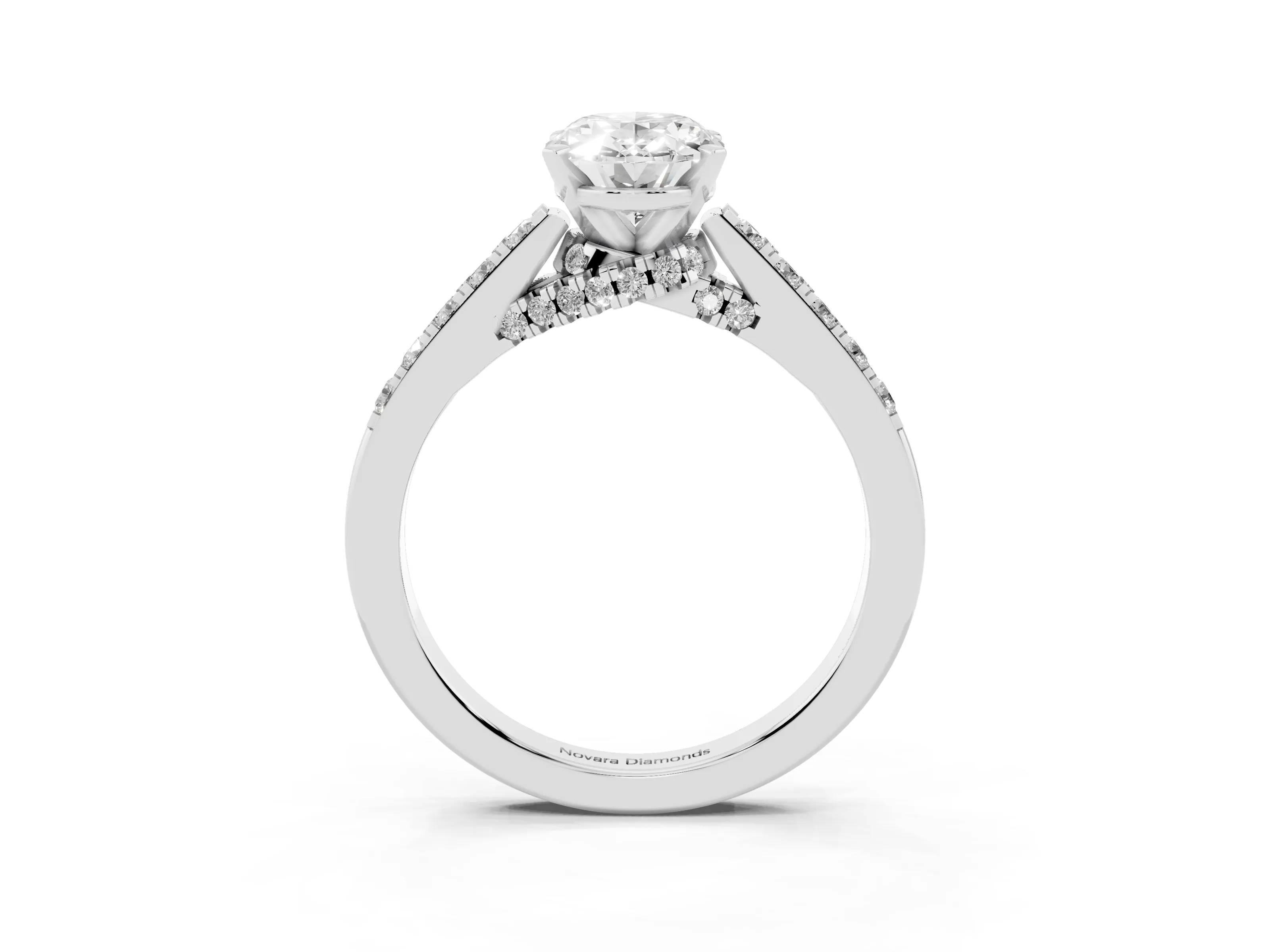 Oval Cut Diamond Solitaire Ring Set in White gold with Crossover Gallery and Round Pavé Band