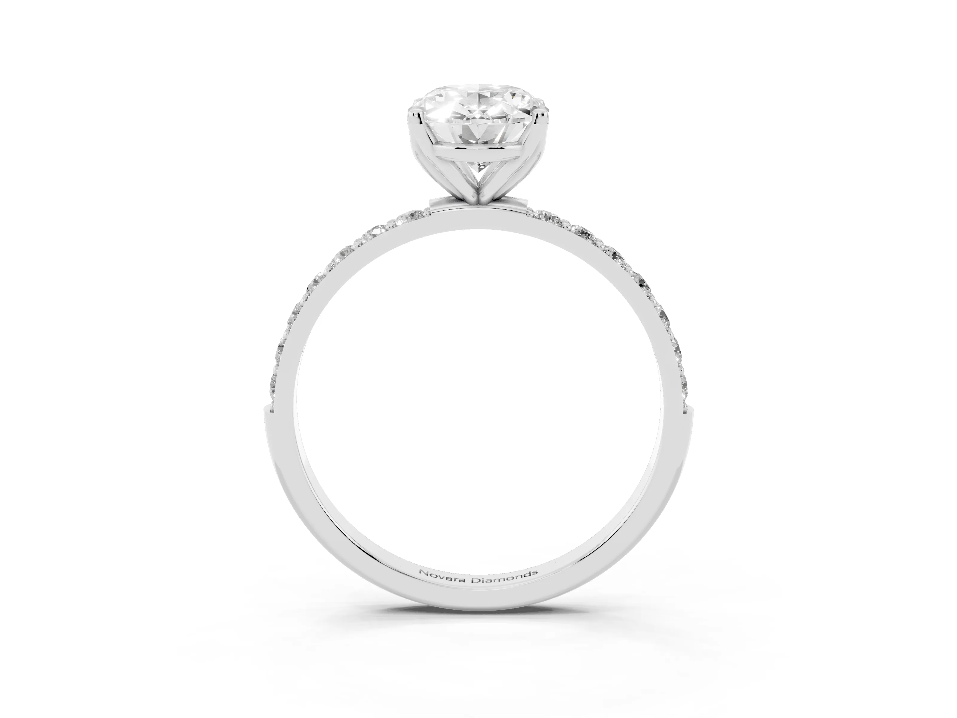 Oval Cut Diamond Solitaire Engagement Ring Set in White gold with Round Pavé Band and Prong Setting