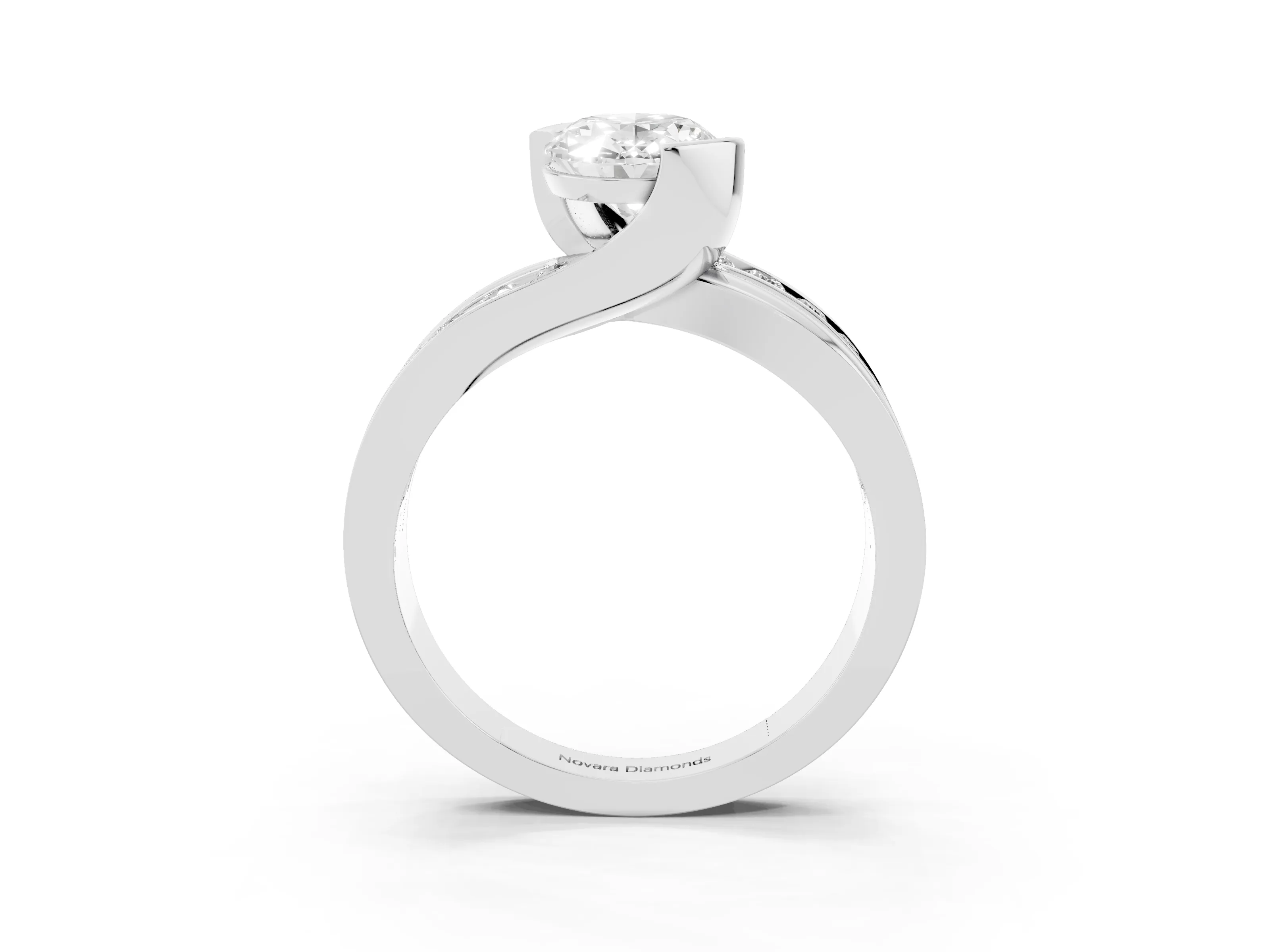 Oval Cut Diamond Solitaire Ring Set in Platinum with Channel Set Split Shank and Tension Prongs
