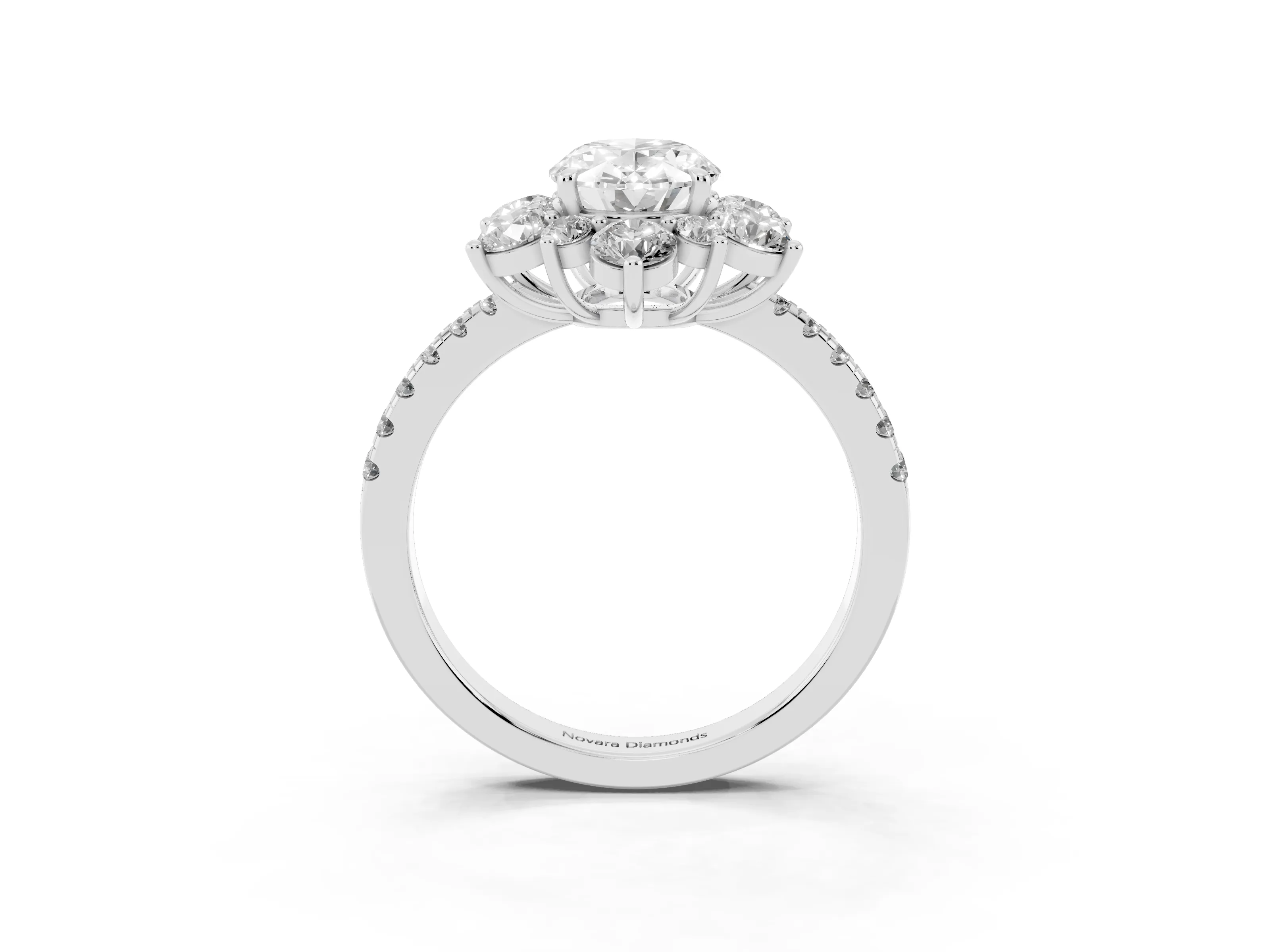 Oval Cut Diamond Floral Halo Ring Set in White gold with Round Pavé Band and Prong Setting