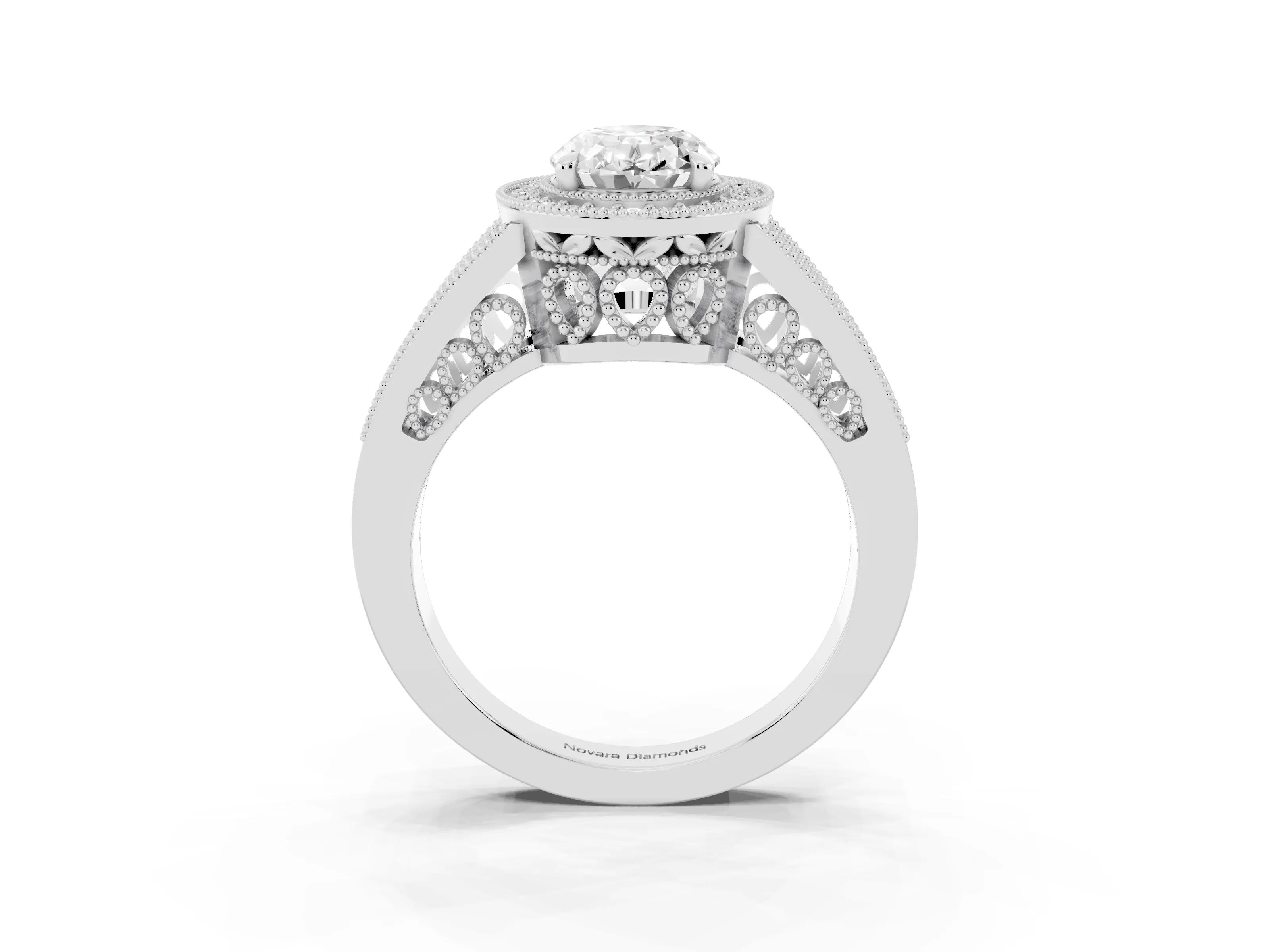 Oval Cut Diamond Halo Ring Set in Platinum with Stone-Set Split Shank and Milgrain Edges