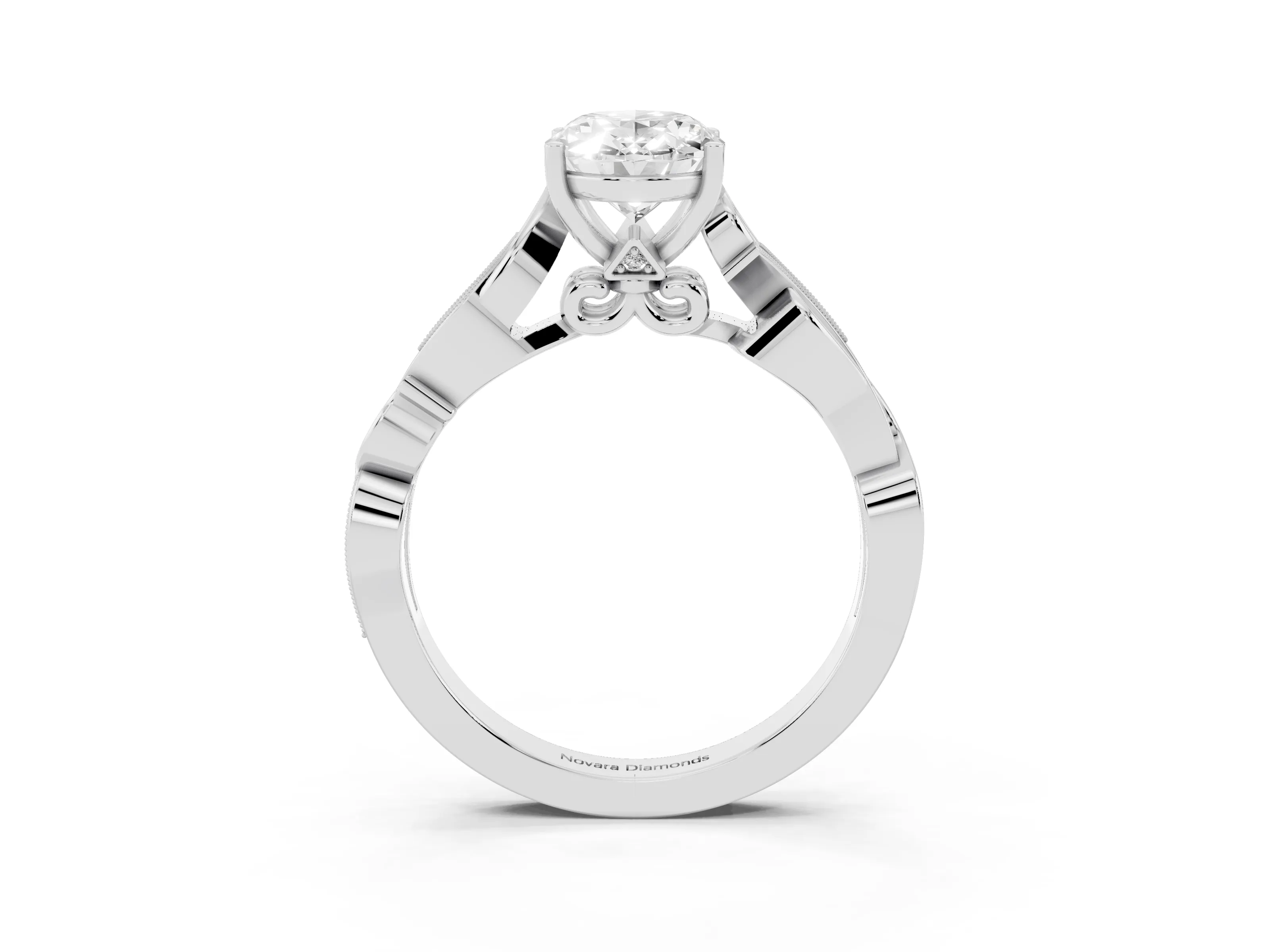 Oval Cut Diamond Vine Band Solitaire Ring Set in Platinum with Milgrain Prong Setting
