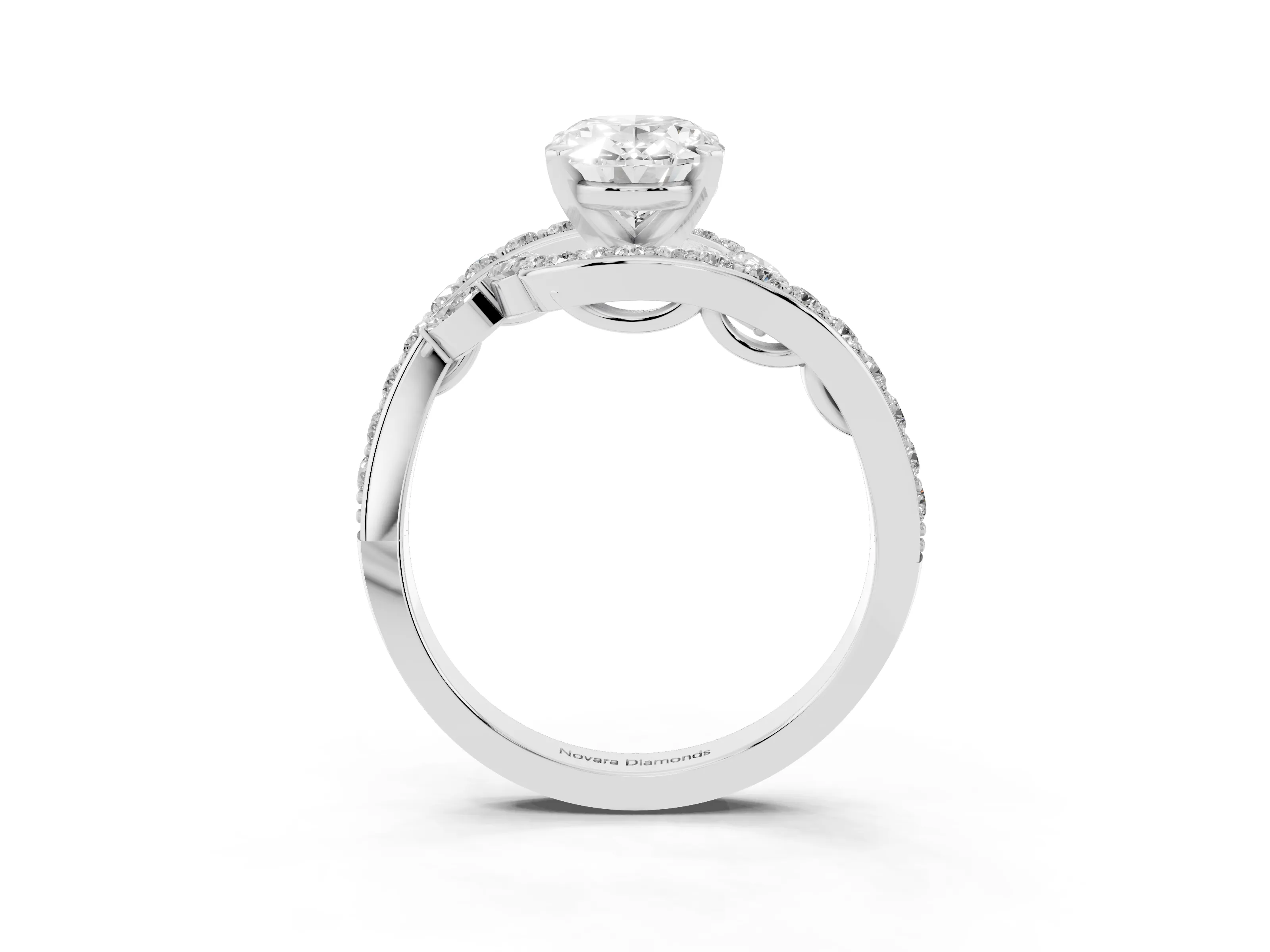 Oval Cut Diamond Solitaire Ring Set in White gold with Pavé Twist Band and Secure Prong Setting