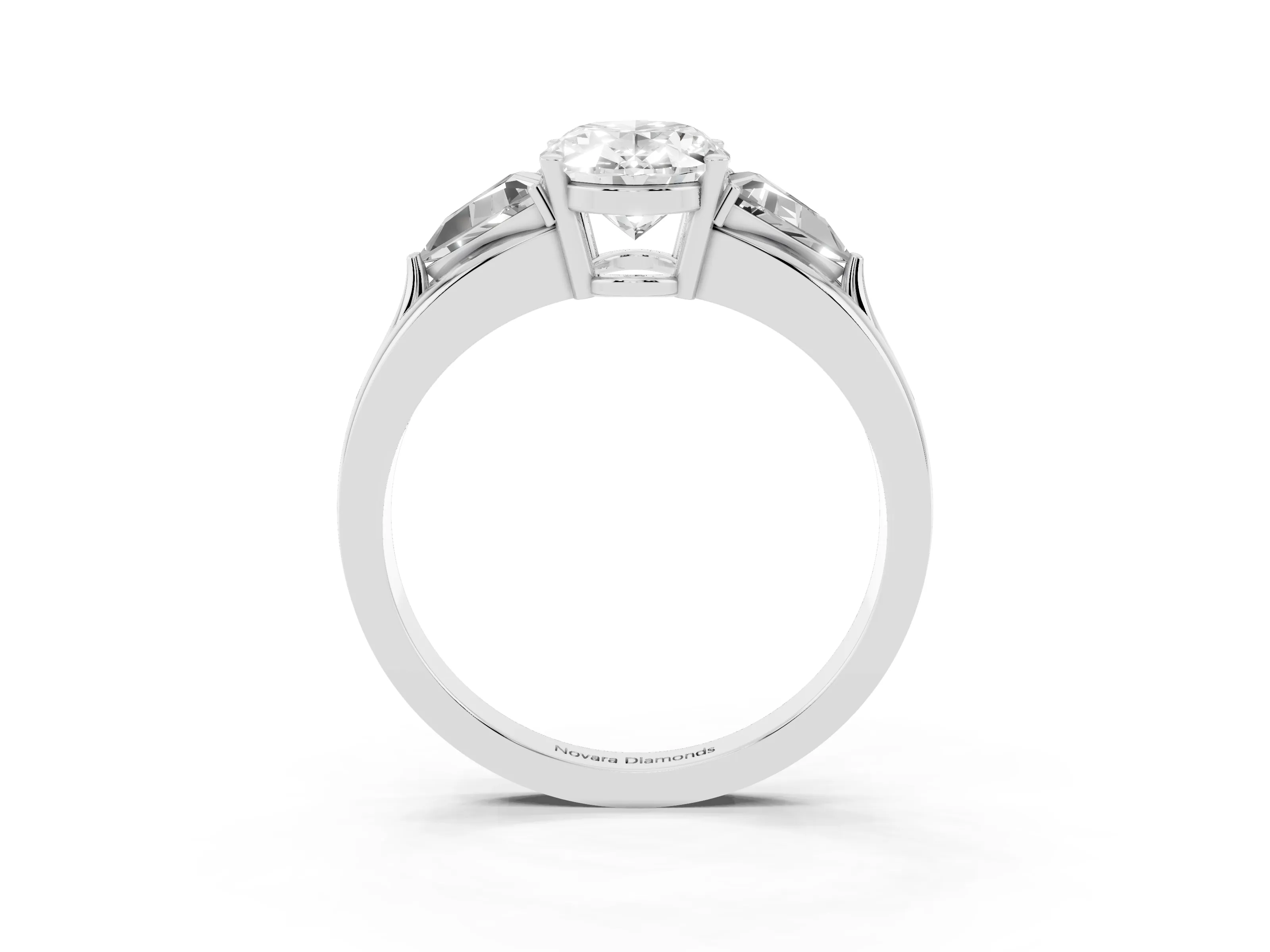 Oval Cut Diamond Three-Stone Ring Set in White gold with Trillion Side Stones and Split Shank