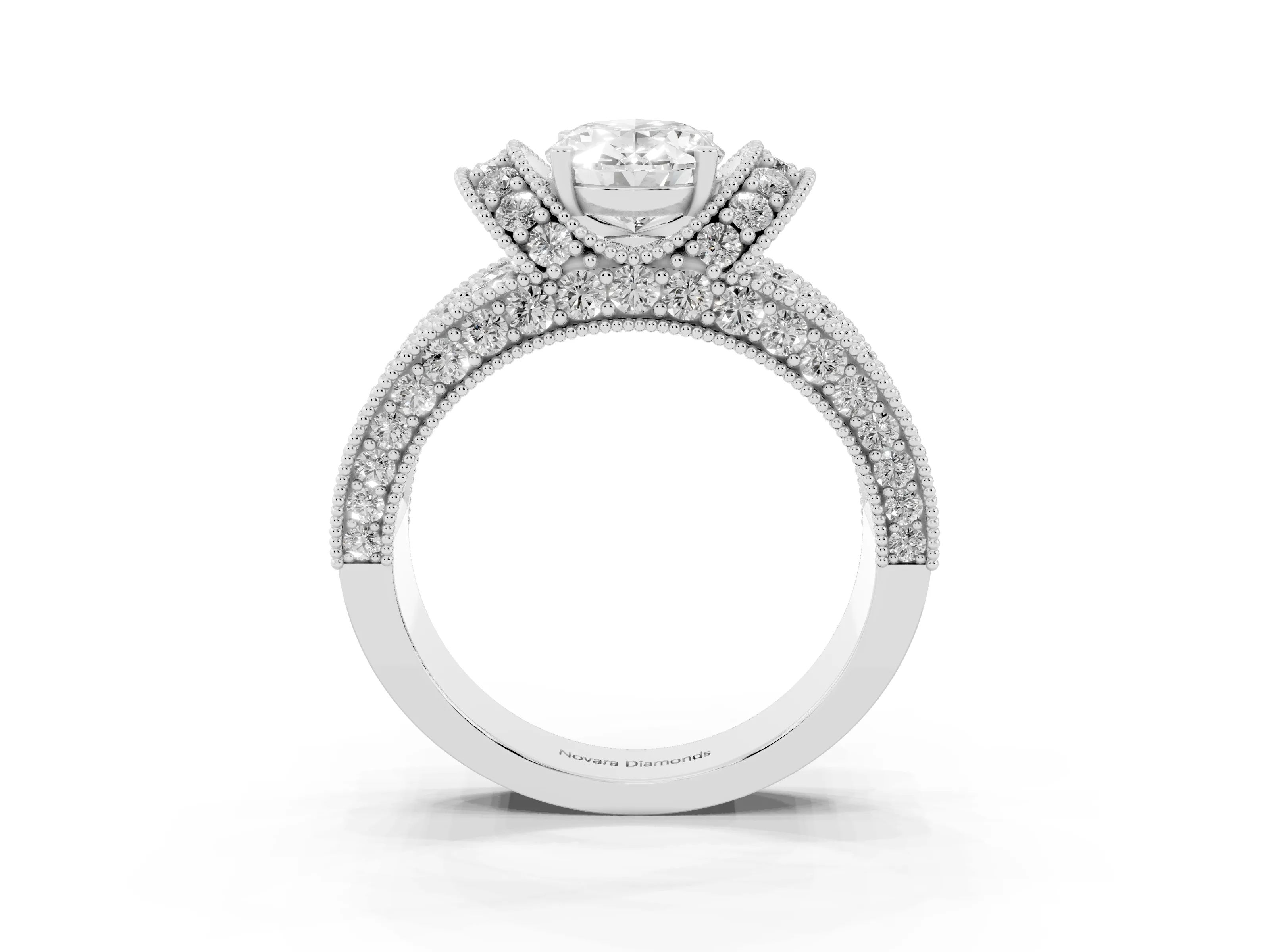Oval Cut Diamond Milgrain Halo Pavé Engagement Ring Set in Platinum with Prong Setting