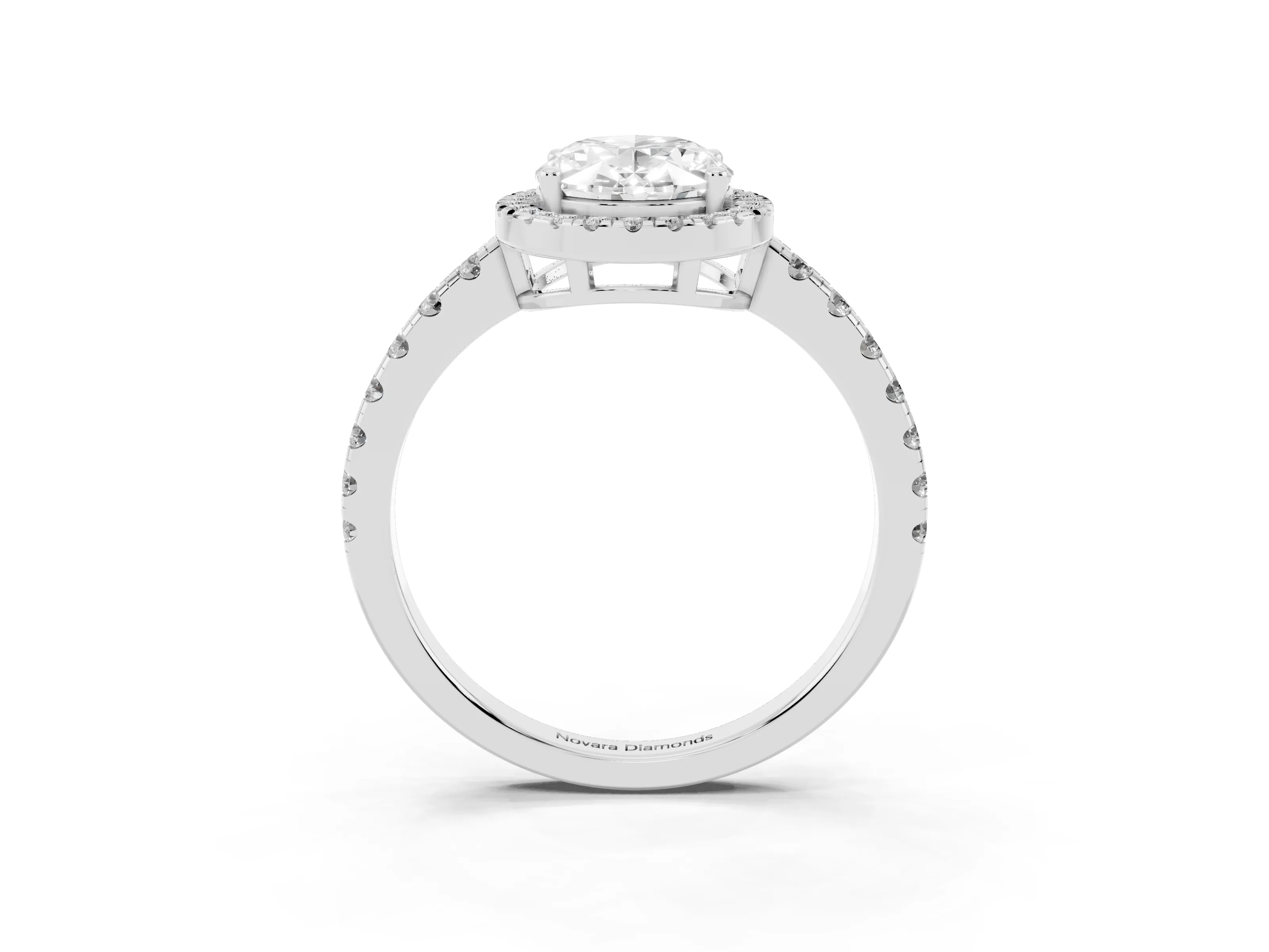 Oval Cut Diamond Halo Ring Set in White gold with Delicate Pavé Band and Prong Setting